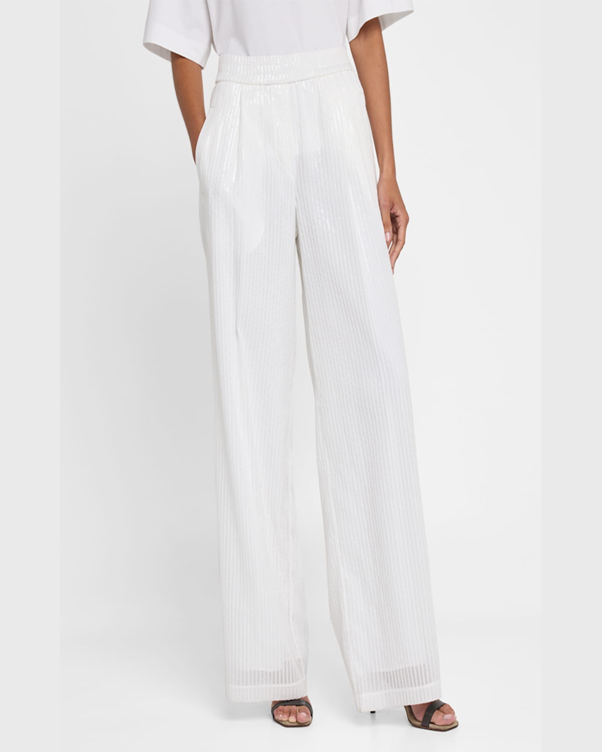 Brunello Cucinelli Stripe Sequined Wide Leg Organza Pants In Bianco