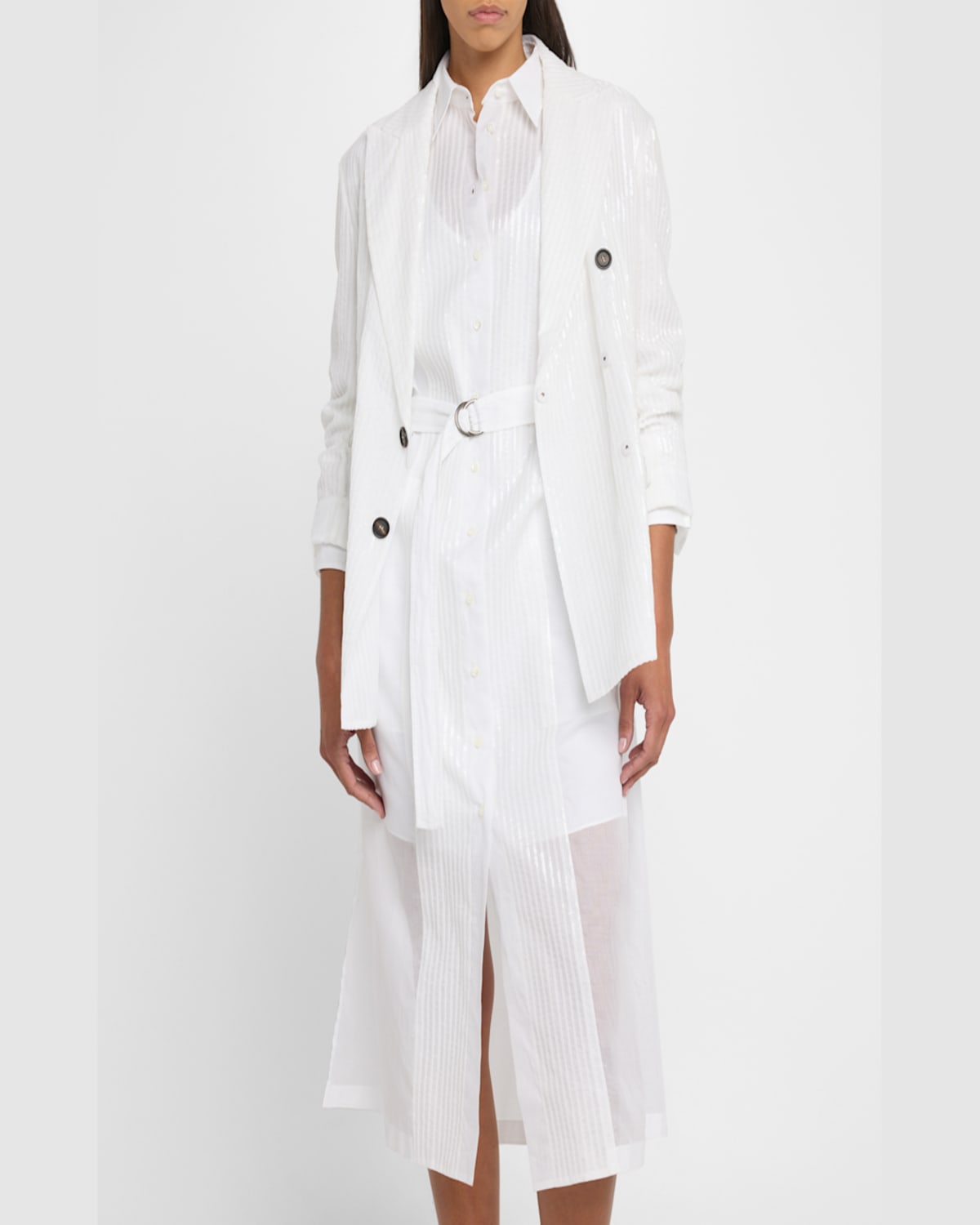 Brunello Cucinelli Sequined Stripe Double-breasted Organza Jacket In Bianco