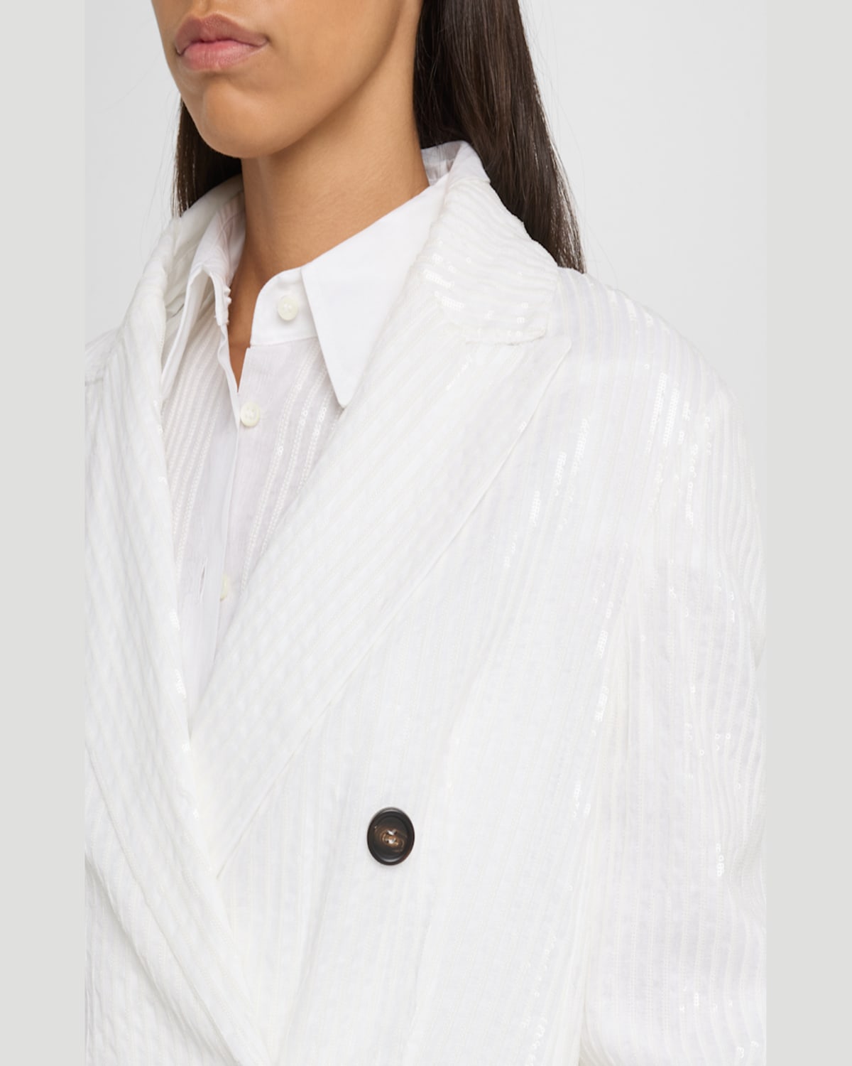 Brunello Cucinelli Sequined Stripe Double-breasted Organza Jacket In Bianco