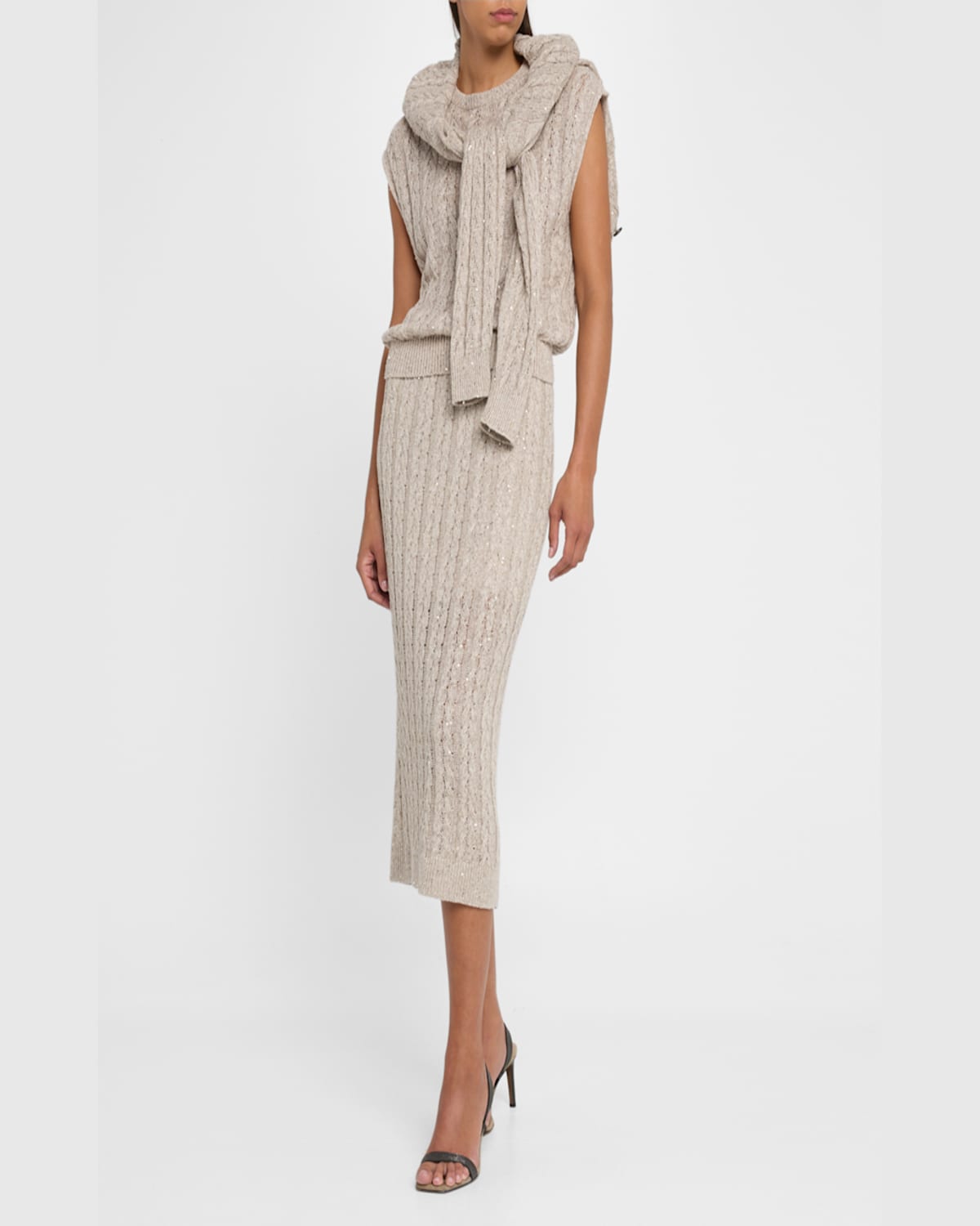 Brunello Cucinelli Sequined Cable Knit Body-con Midi Skirt In Beige Freddo