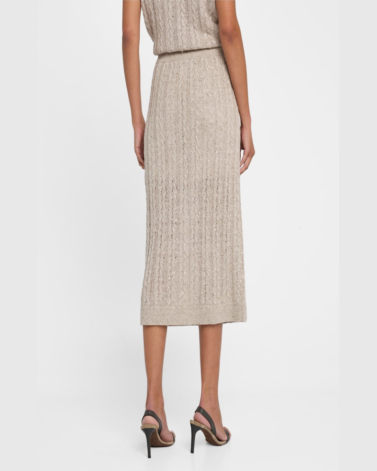 Brunello Cucinelli Sequined Cable Knit Body-con Midi Skirt In Beige Freddo