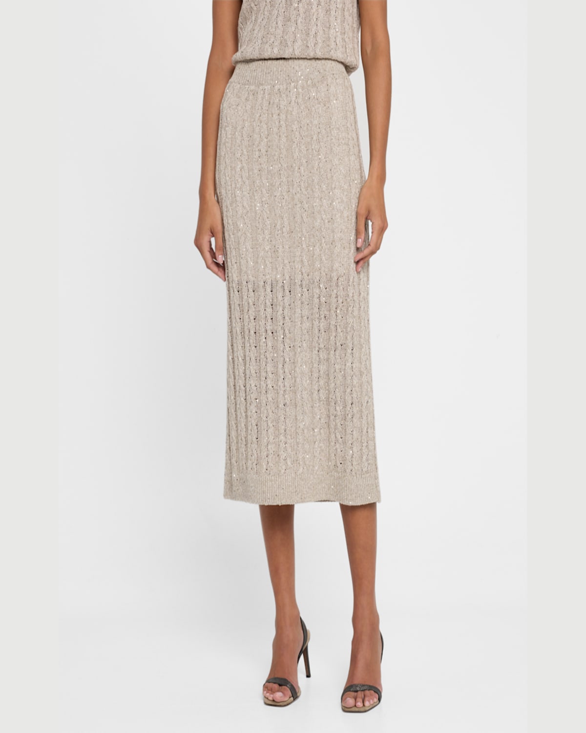 Brunello Cucinelli Sequined Cable Knit Body-con Midi Skirt In Beige Freddo