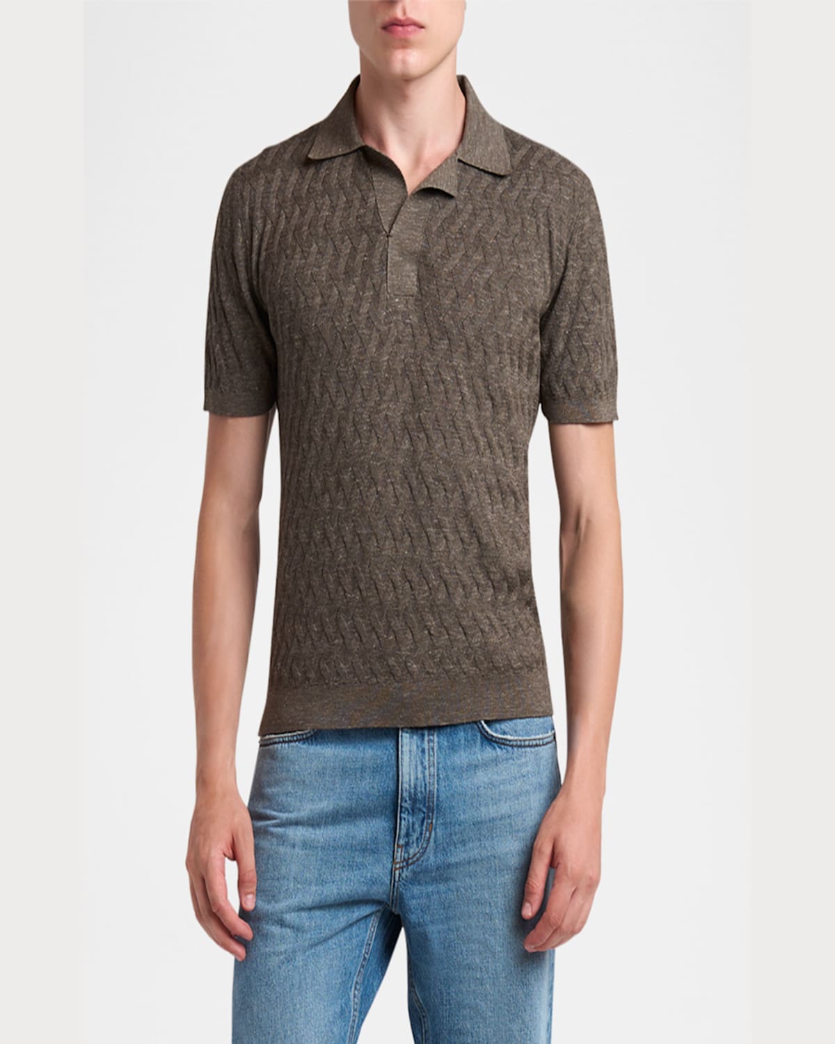 Zegna Men's Melange Diamond Mesh Polo Sweater In Brown