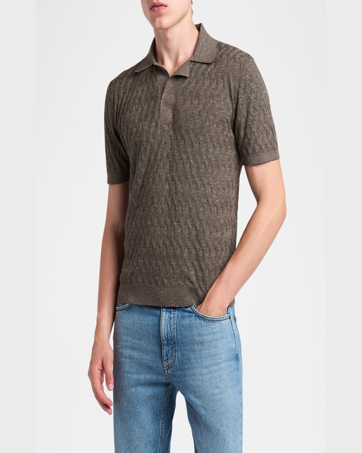 Zegna Men's Melange Diamond Mesh Polo Sweater In Brown