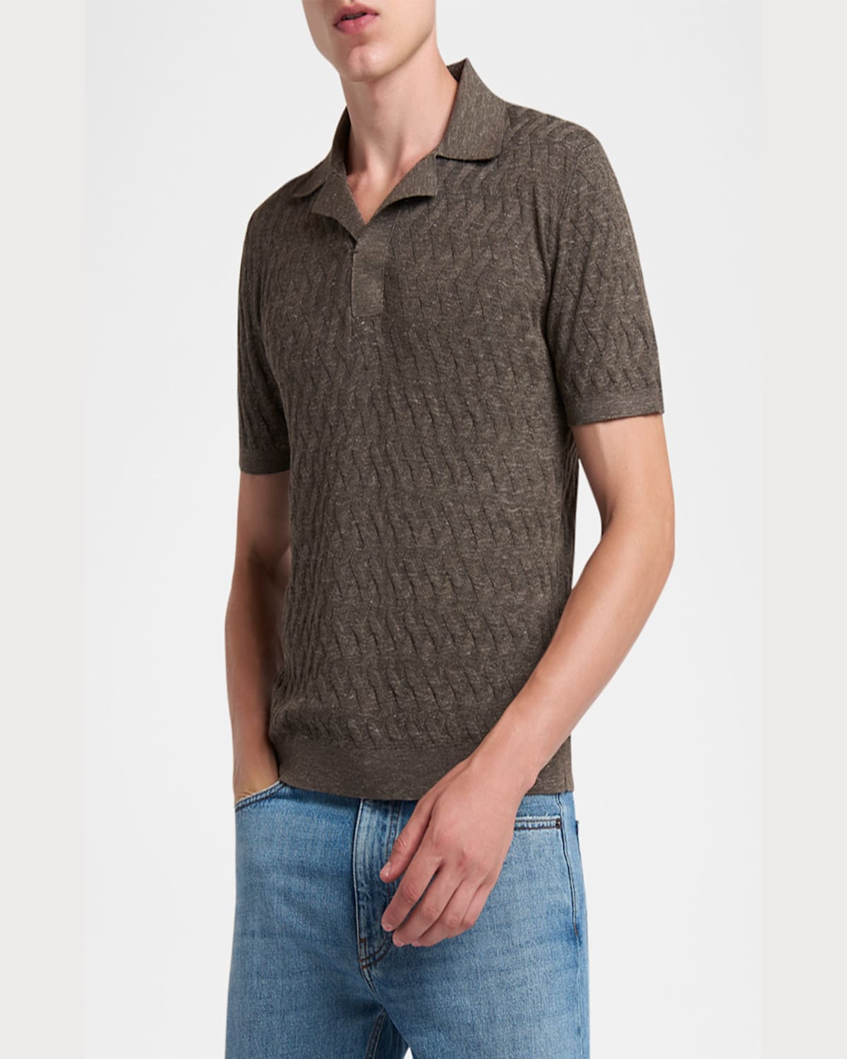Zegna Men's Melange Diamond Mesh Polo Sweater In Brown