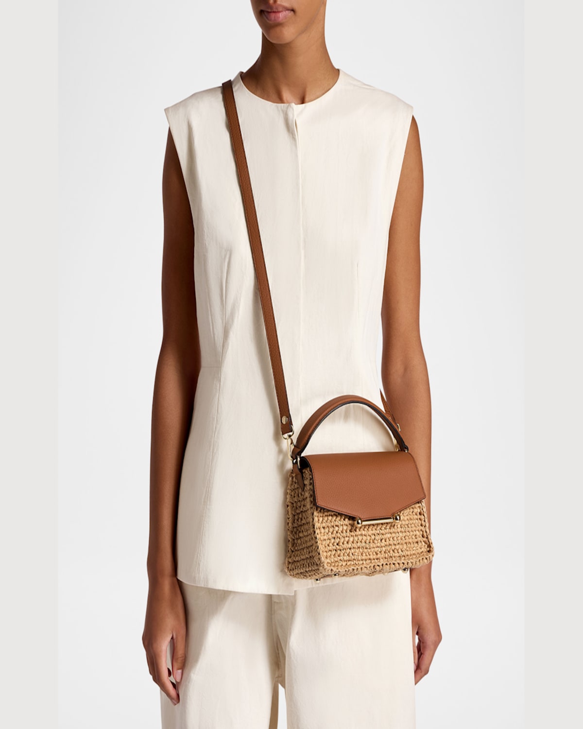 Strathberry Mosaic Nano Raffia & Leather Top-handle Bag In Tan