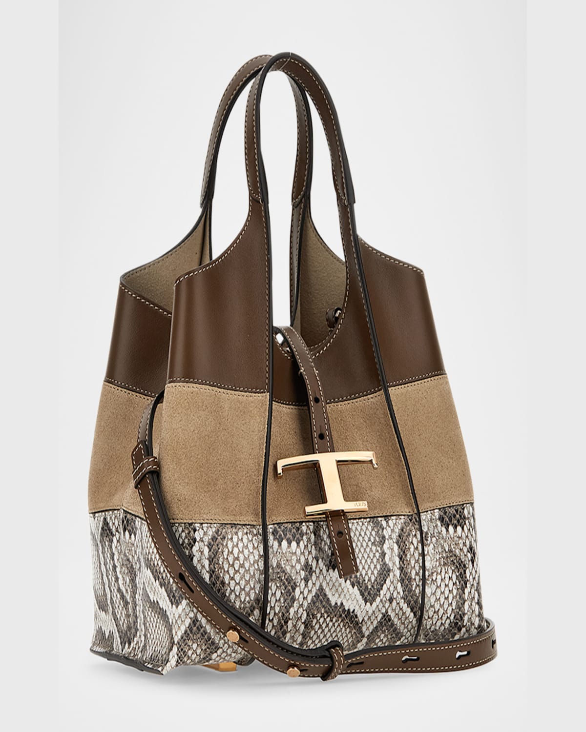 Tod's Mini Mix Suede & Leather Shopping Tote Bag In Trekking Pitone Roccia