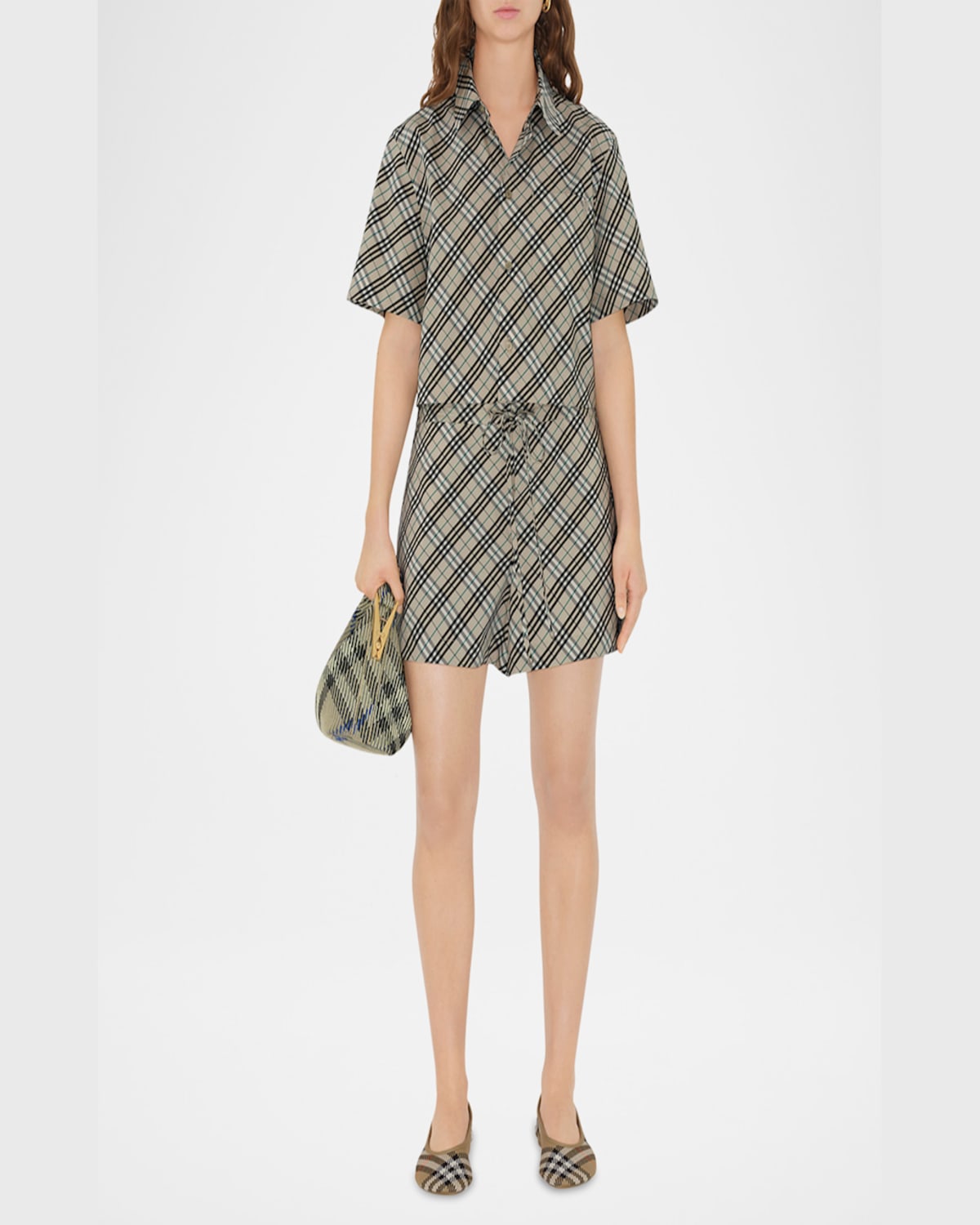 Burberry Check Short-sleeve Crop Button-down Shirt In Husk Ip Check