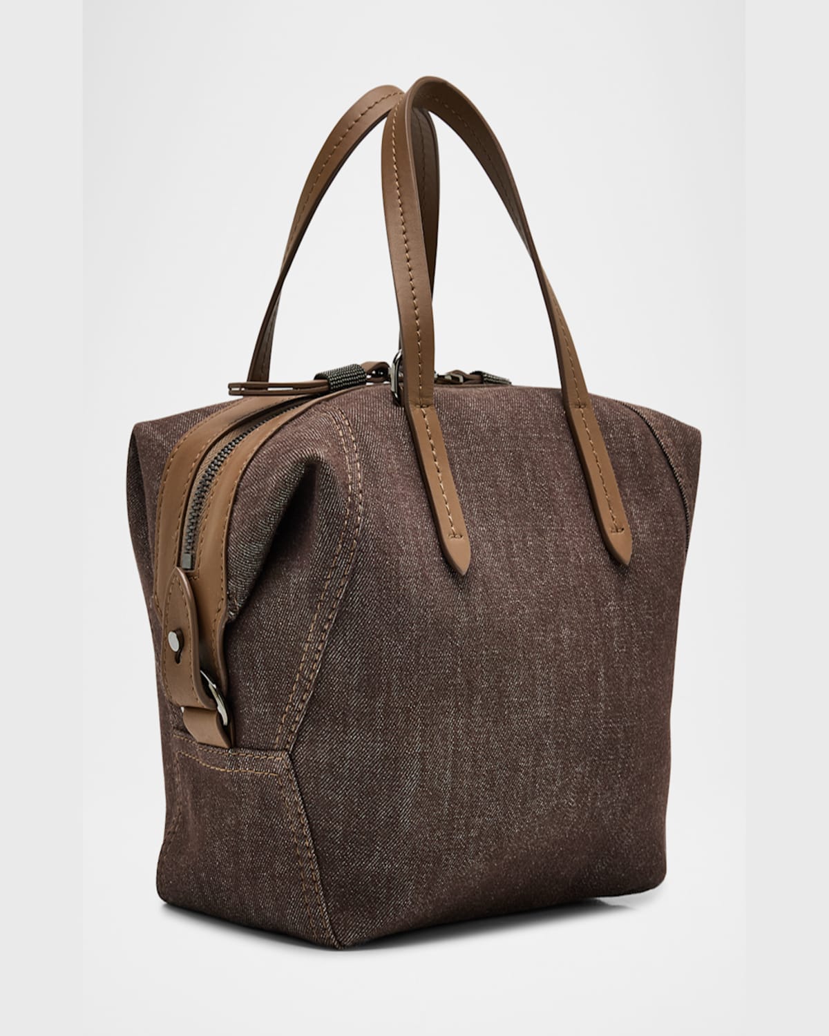 Brunello Cucinelli Duo Mini Denim Traveler Top-handle Bag In Brown