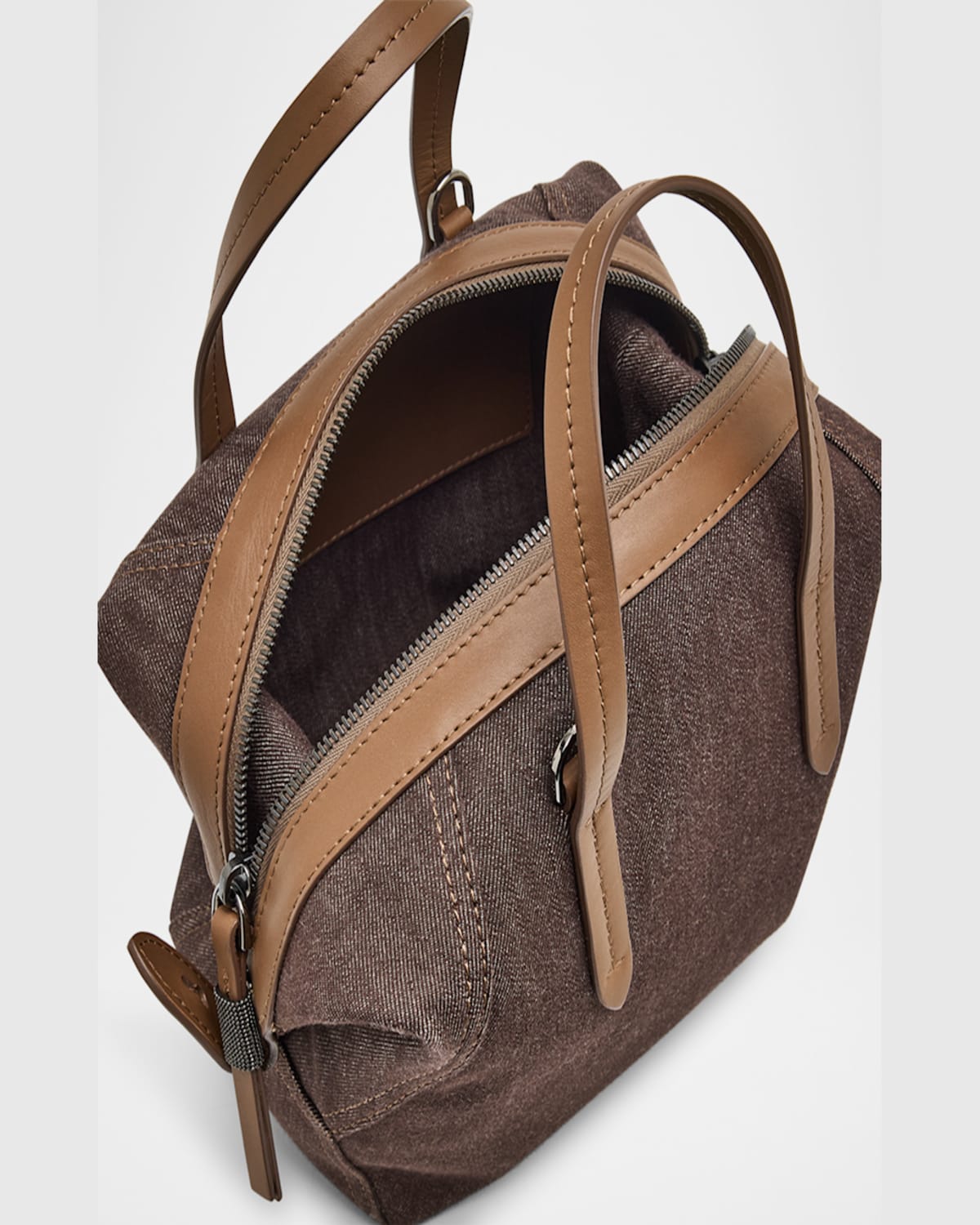 Brunello Cucinelli Duo Mini Denim Traveler Top-handle Bag In Brown