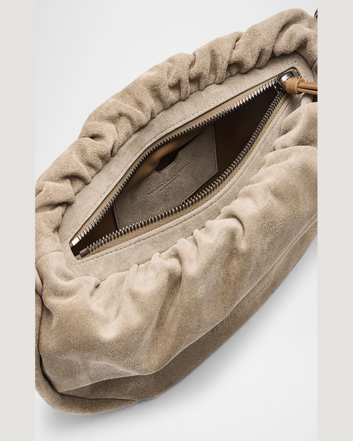 BRUNELLO CUCINELLI MONILI RUCHED SUEDE SHOULDER BAG 