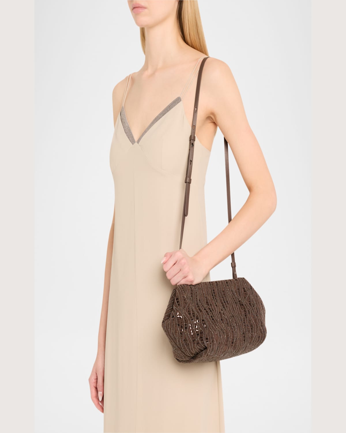 Brunello Cucinelli Cotton-linen Embellished Cross-body Bag In Coffee Bean