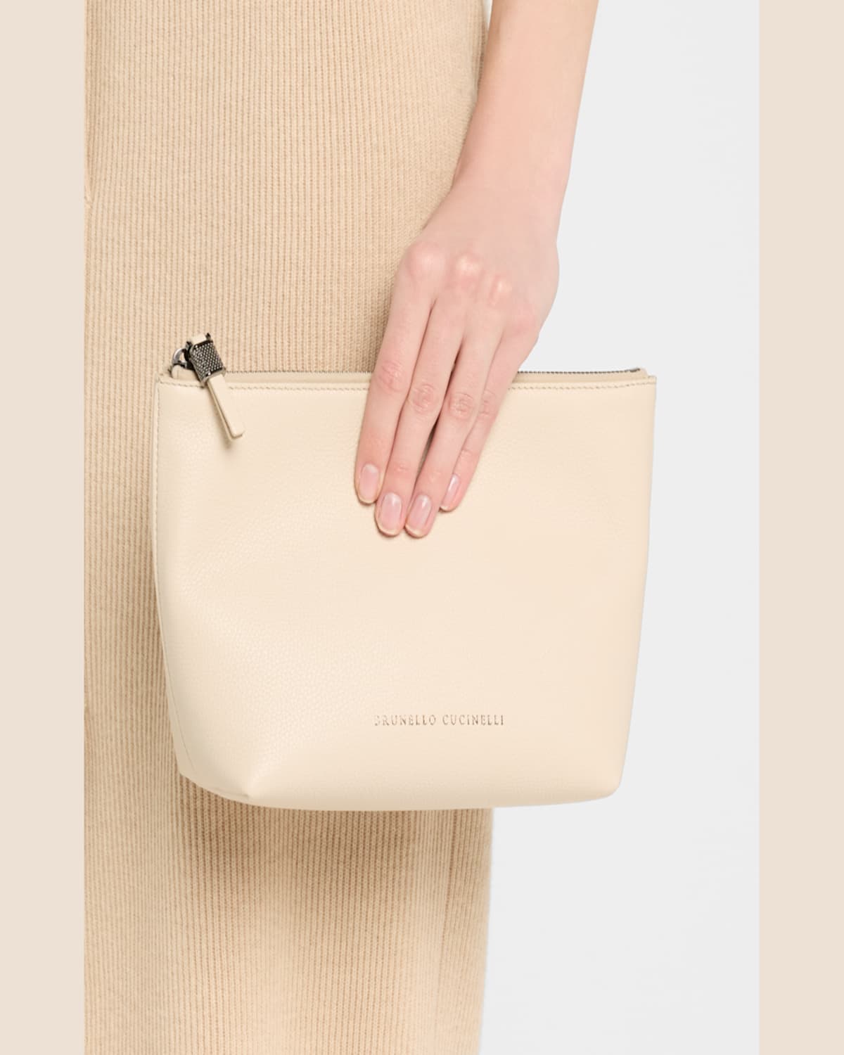 Brunello Cucinelli Zip Lamb Leather Makeup Bag In Ivory