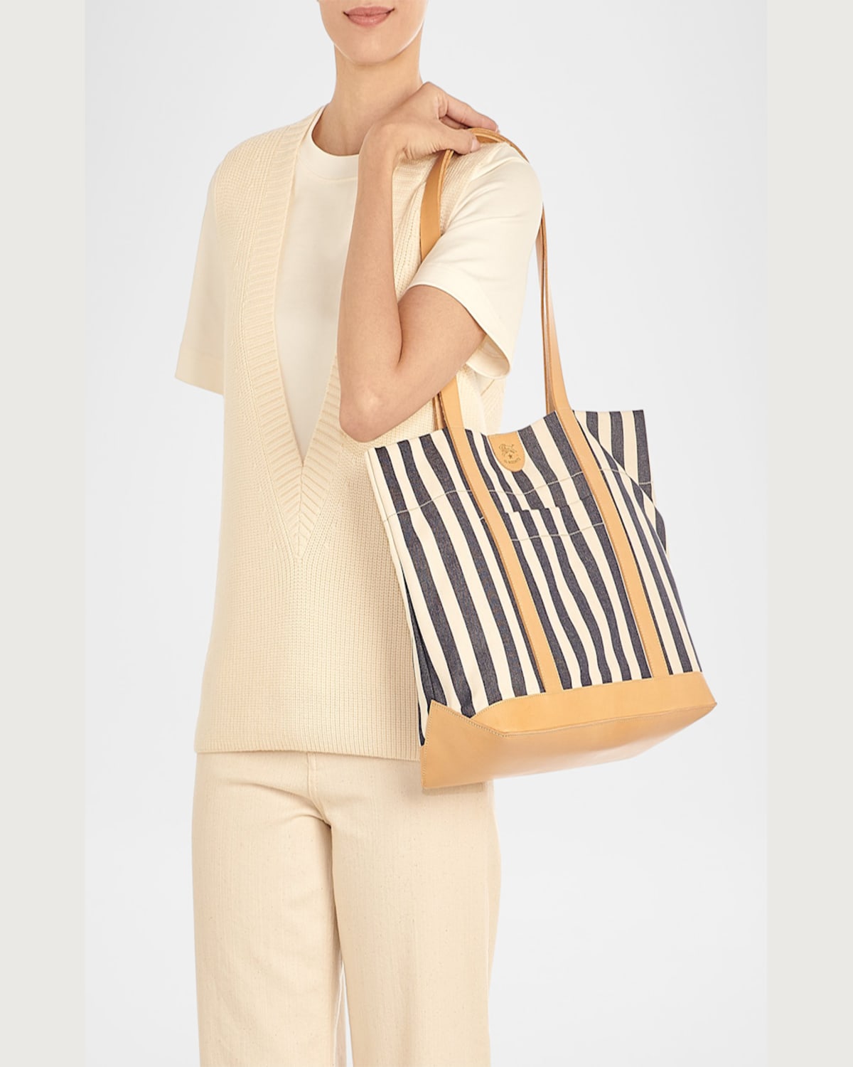 Il Bisonte Caramella Medium Canvas Shopper Tote Bag In Marine Stripe