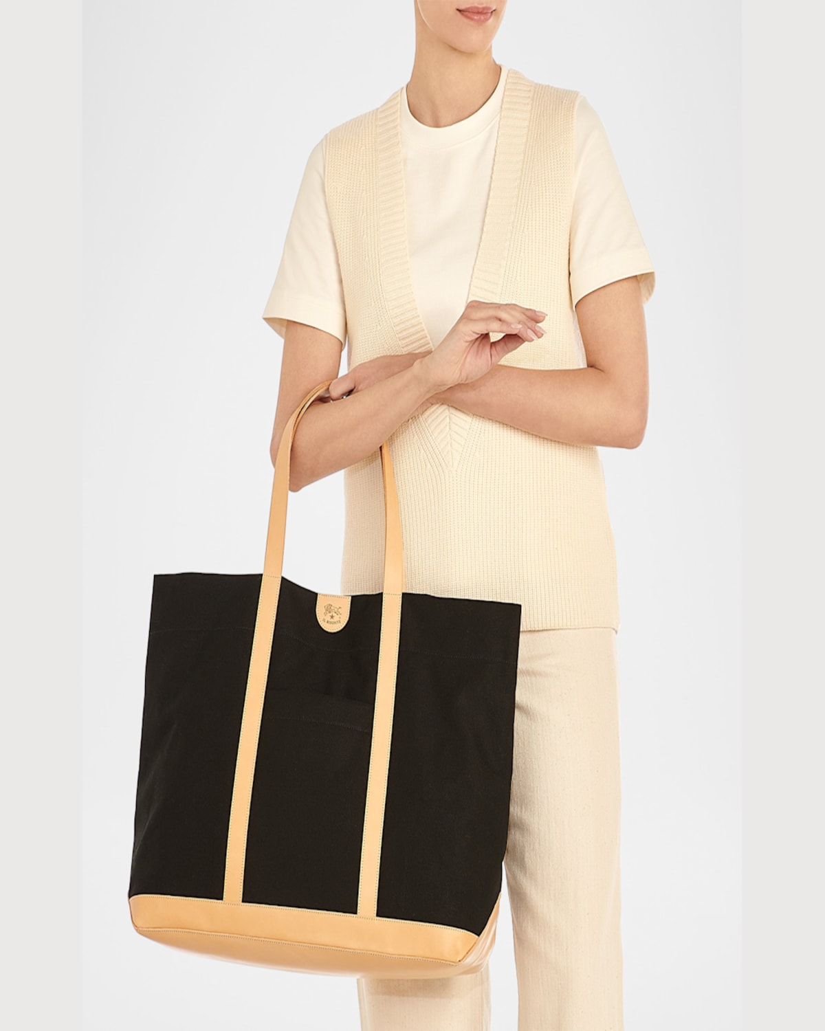 Il Bisonte Caramella Large Canvas Shopper Tote Bag In Black / Natural