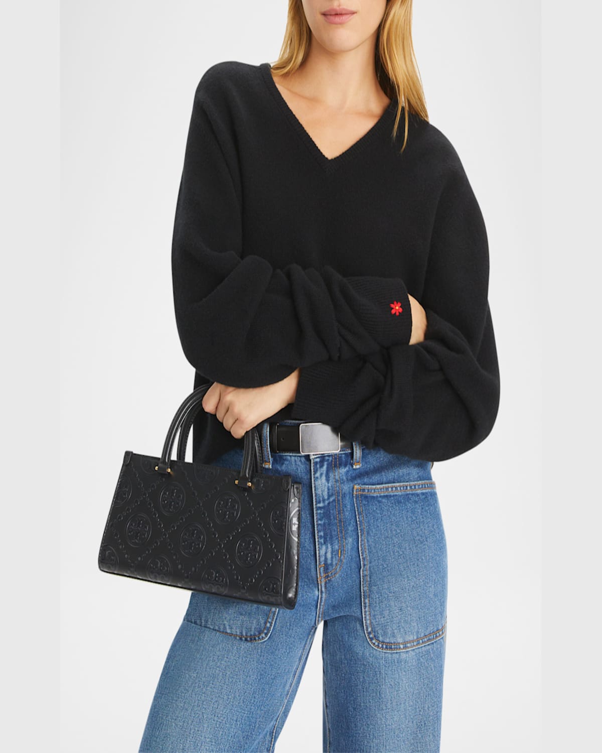 Tory Burch Small T Monogram Embossed East-west Tote Bag In Black