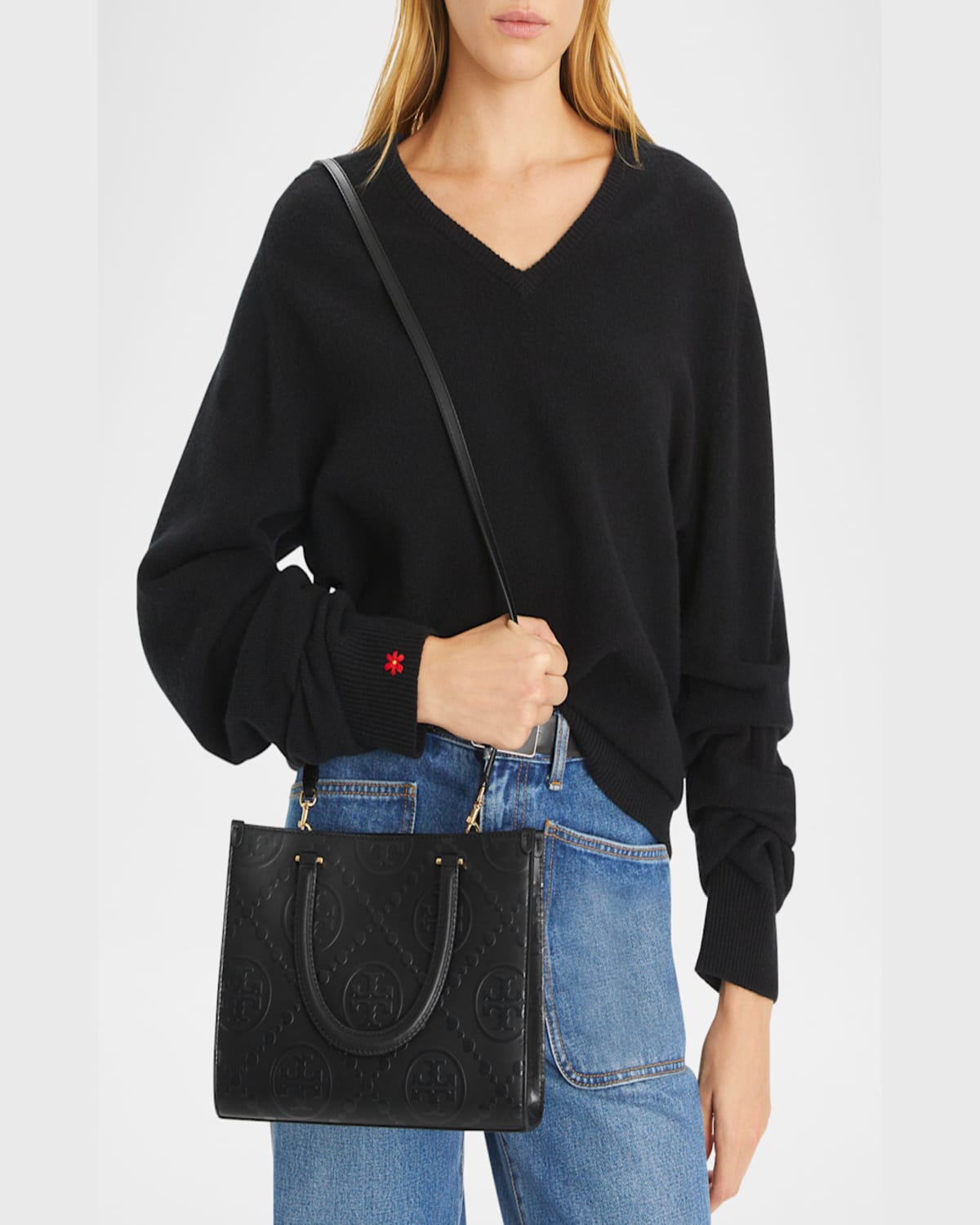 Shop Tory Burch T Monogram Embossed Square Tote Bag In Black