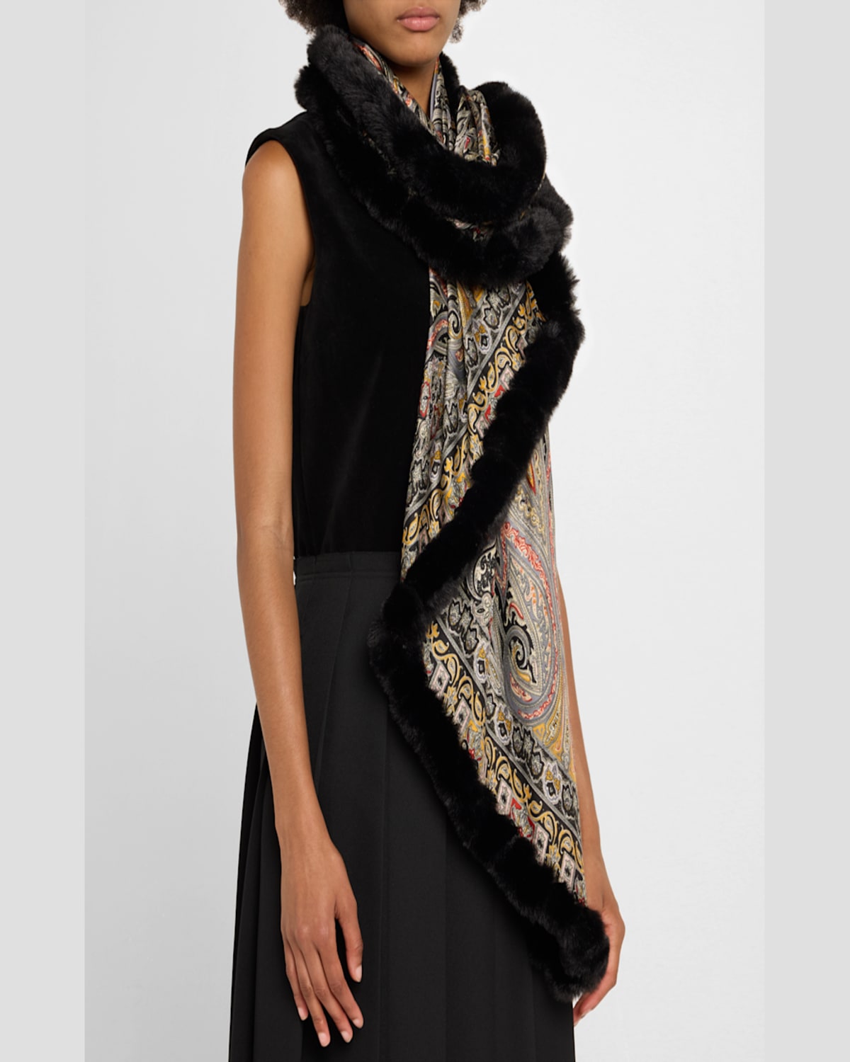 La Fiorentina Paisley-print Wrap With Faux Fur Trim In Black