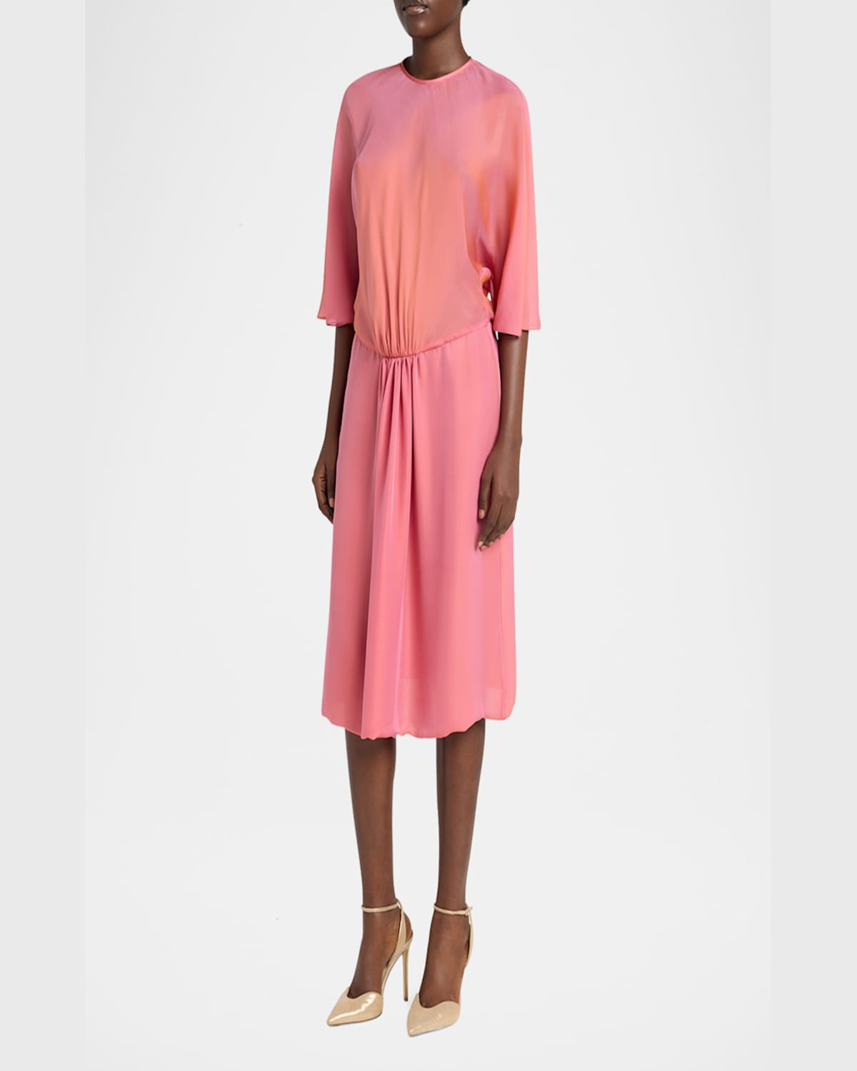 Giorgio Armani Iridescent Chiffon 3/4-sleeve Midi Dress In Solid Light/pastel P