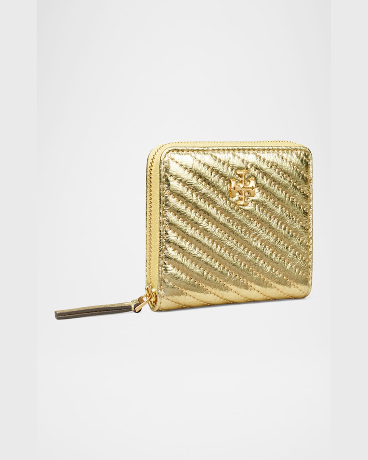 Tory Burch Small Kira Moto Quilt Metallic Zip-around Wallet In Gold