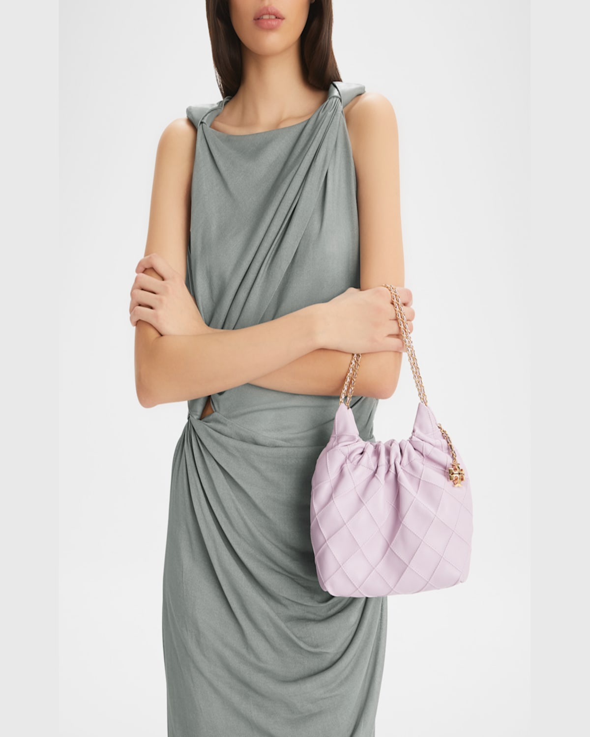 Tory Burch Fleming Mini Quilted Leather Hobo Bag In Gray