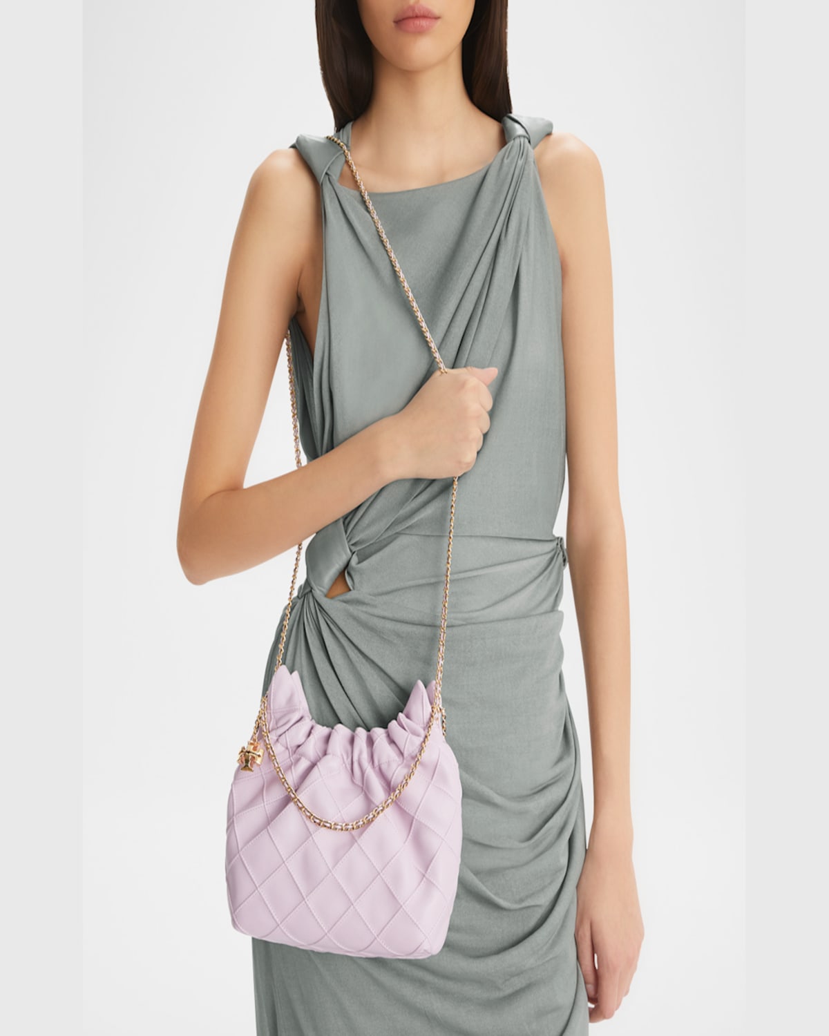 Tory Burch Fleming Mini Quilted Leather Hobo Bag In Gray