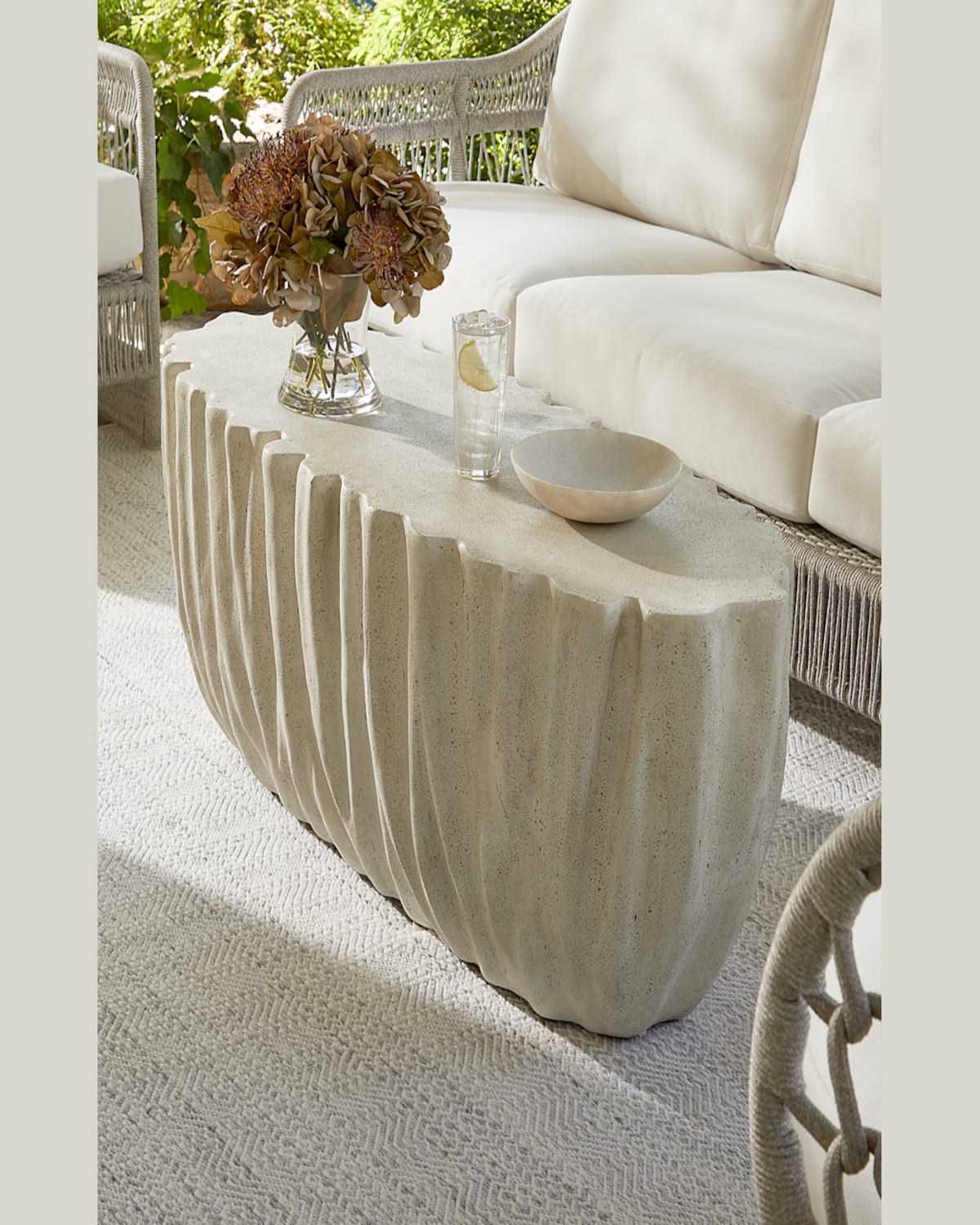 Neiman Marcus Ruffle Outdoor Bench In Limestone