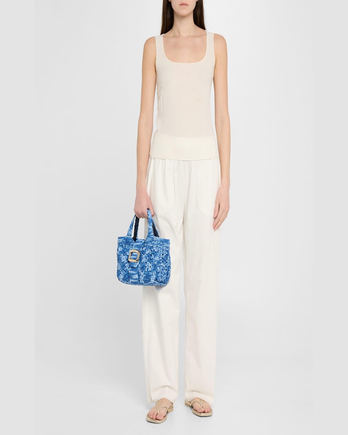 Roger Vivier Grand Viv Choc Crochet Raffia Top-handle Bag In Denim