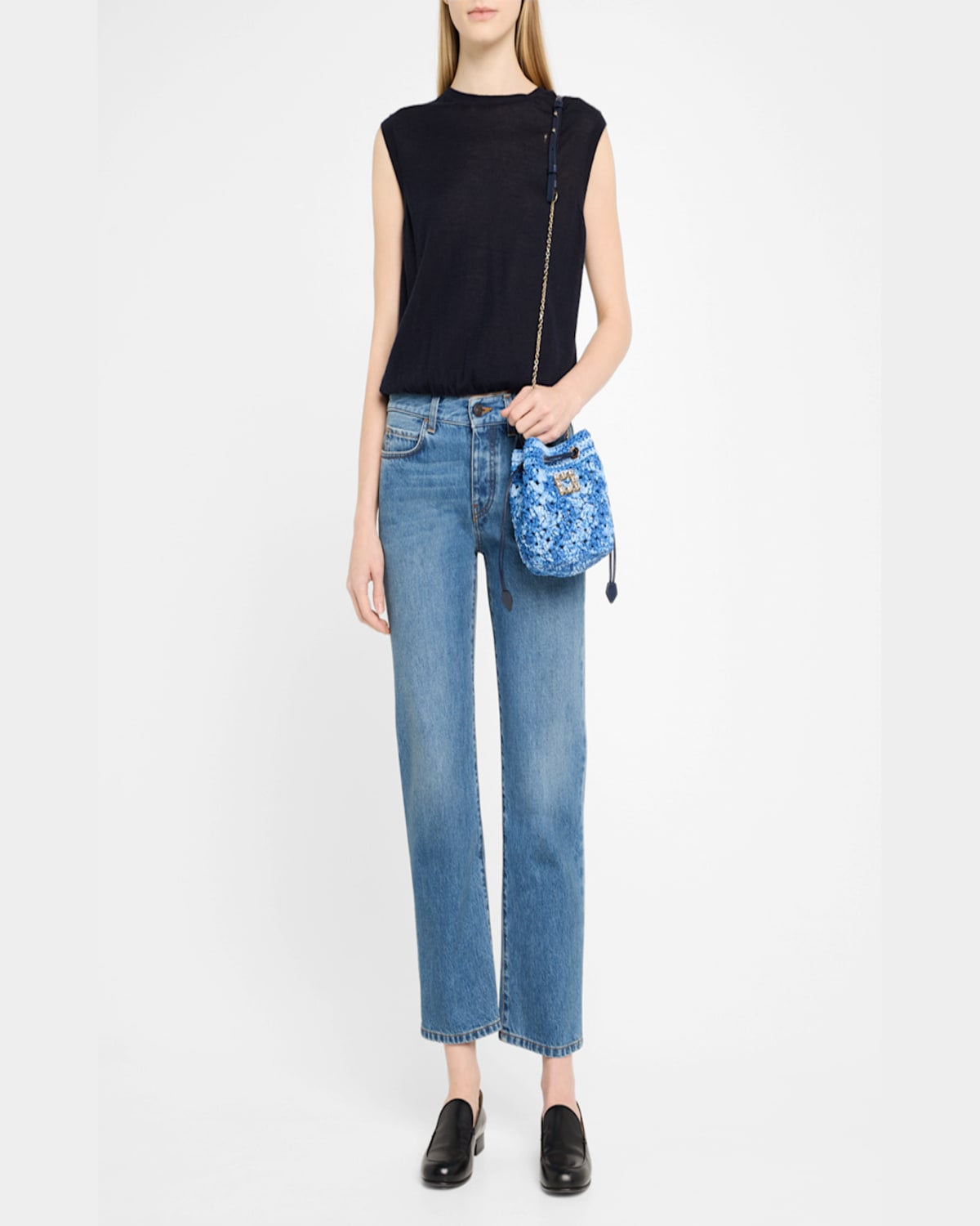 ROGER VIVIER TRES VIVIER BUCKLE RAFFIA BUCKET BAG 