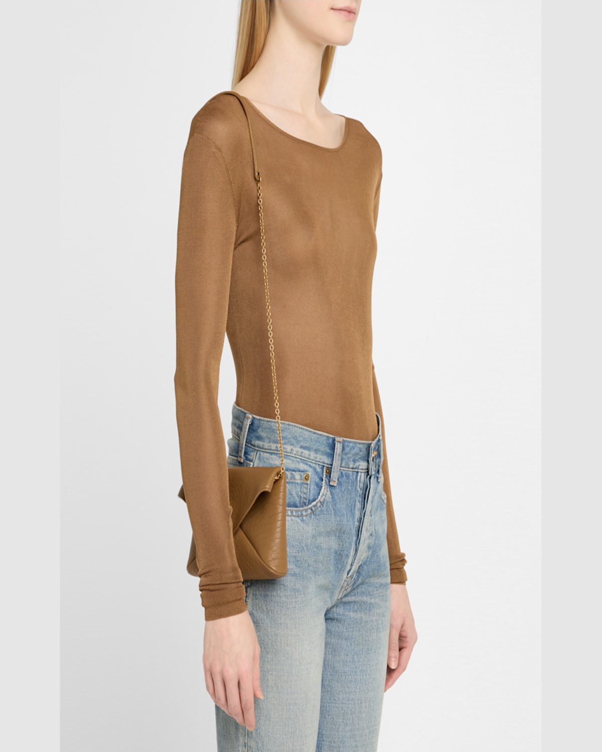Saint Laurent Cassandre Small Ysl Pouch On Chain In Calfskin In 2760 Dk Cork