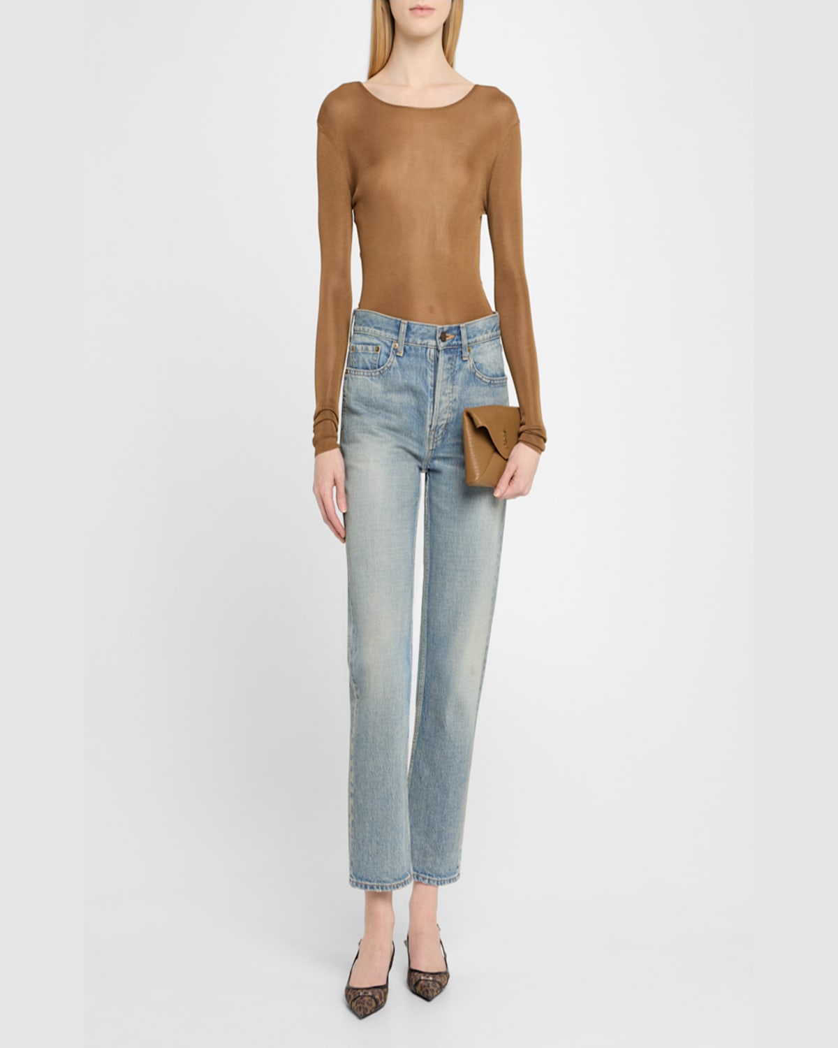 Saint Laurent Cassandre Small Ysl Pouch On Chain In Calfskin In 2760 Dk Cork