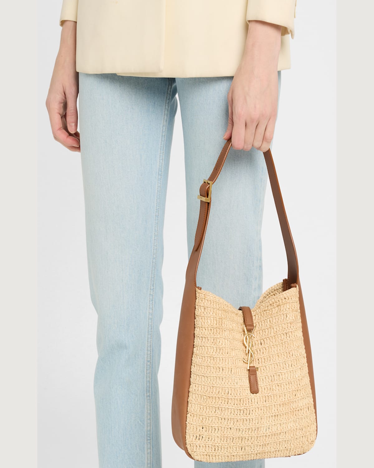 Saint Laurent Le 5 A 7 Small Ysl Hobo Bag In Raffia And Leather In Pale Brown Brick