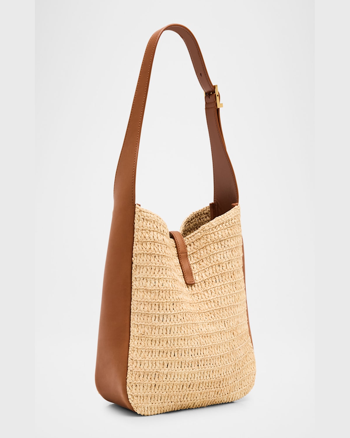 Saint Laurent Le 5 A 7 Small Ysl Hobo Bag In Raffia And Leather In Pale Brown Brick