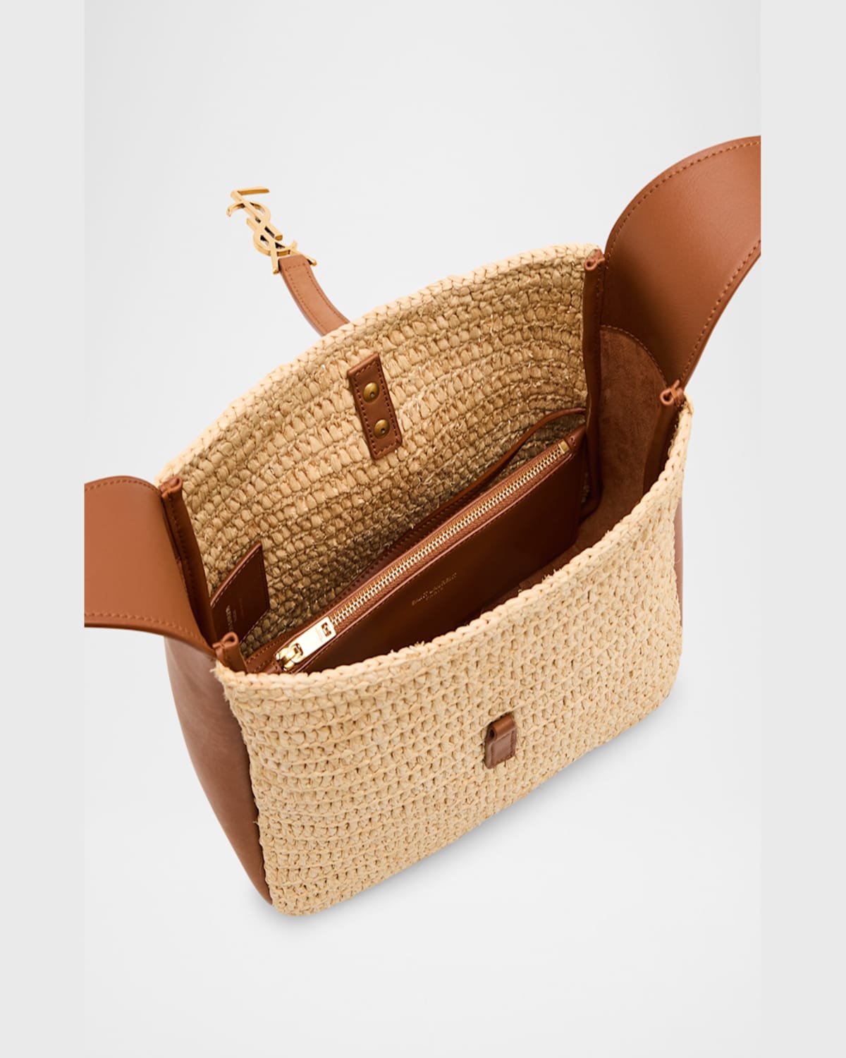 Saint Laurent Le 5 A 7 Small Ysl Hobo Bag In Raffia And Leather In Pale Brown Brick