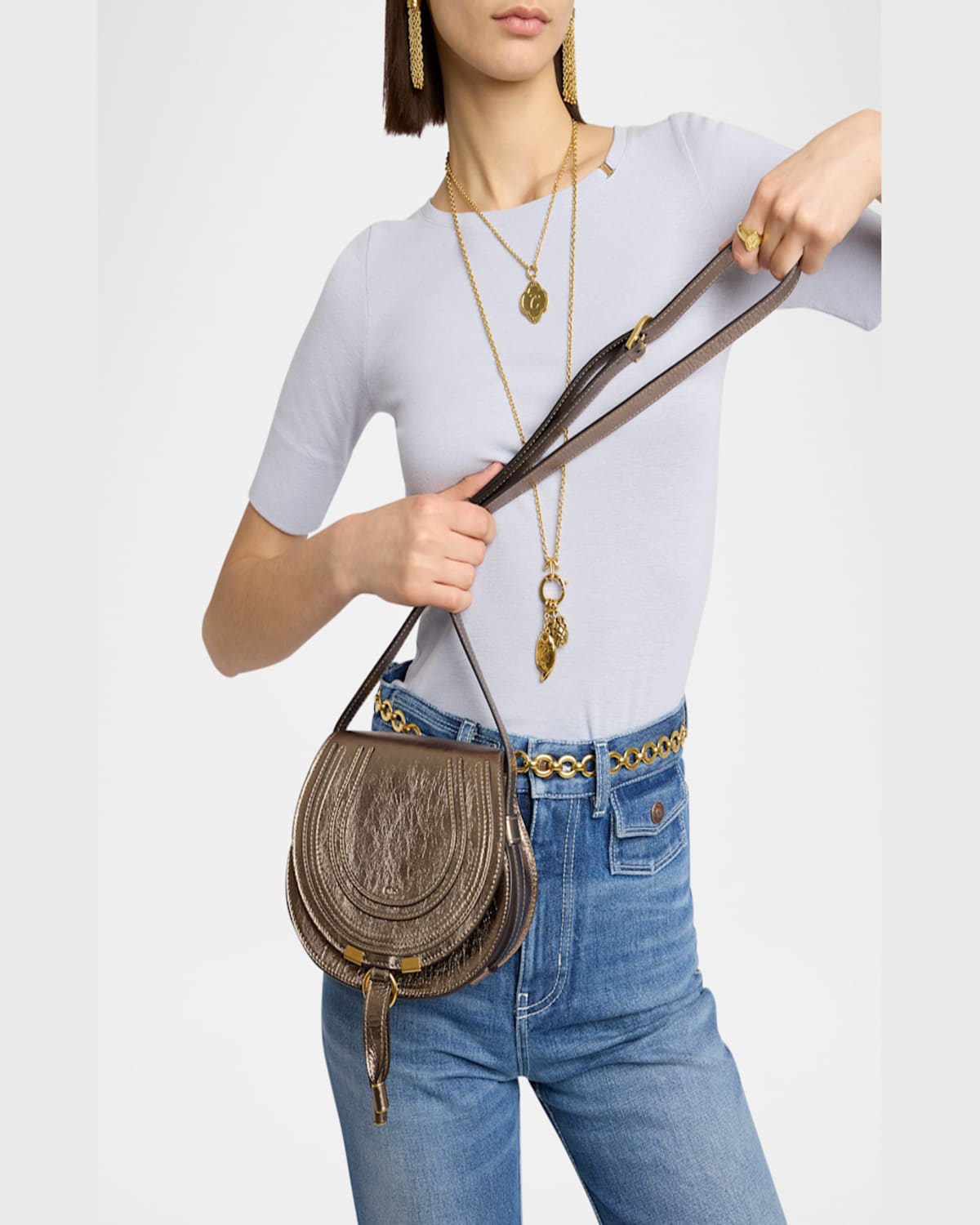 Chloé Marcie Small Saddle Crossbody Bag In Metallic Leather In 074 Shiny Grey