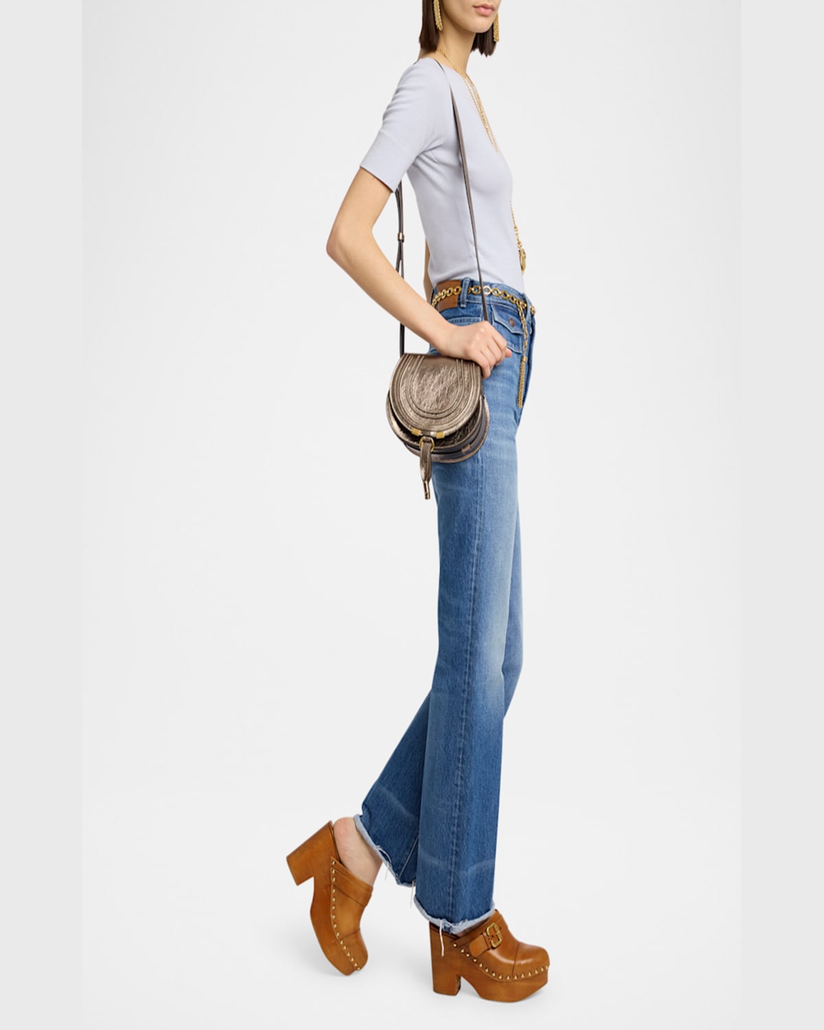 Chloé Marcie Small Saddle Crossbody Bag In Metallic Leather In 074 Shiny Grey