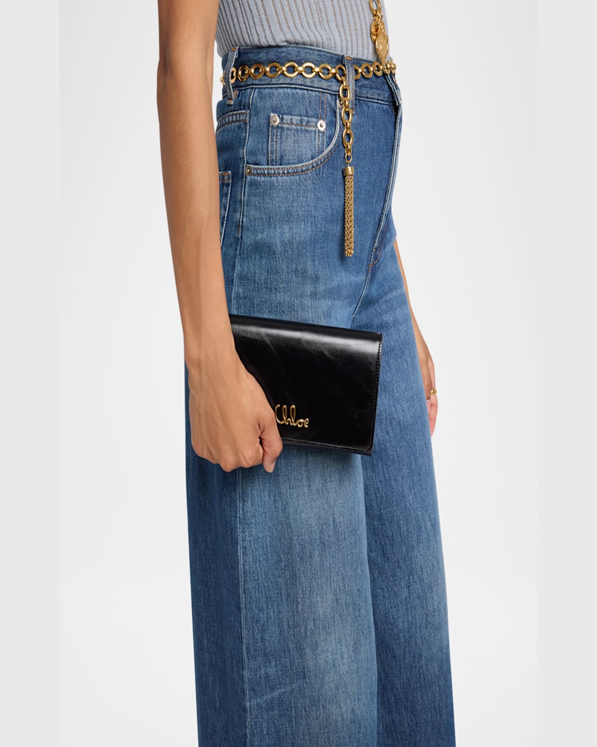 Shop Chloé Iconic Flap Wallet On Chain In Shiny Calfskin In Black