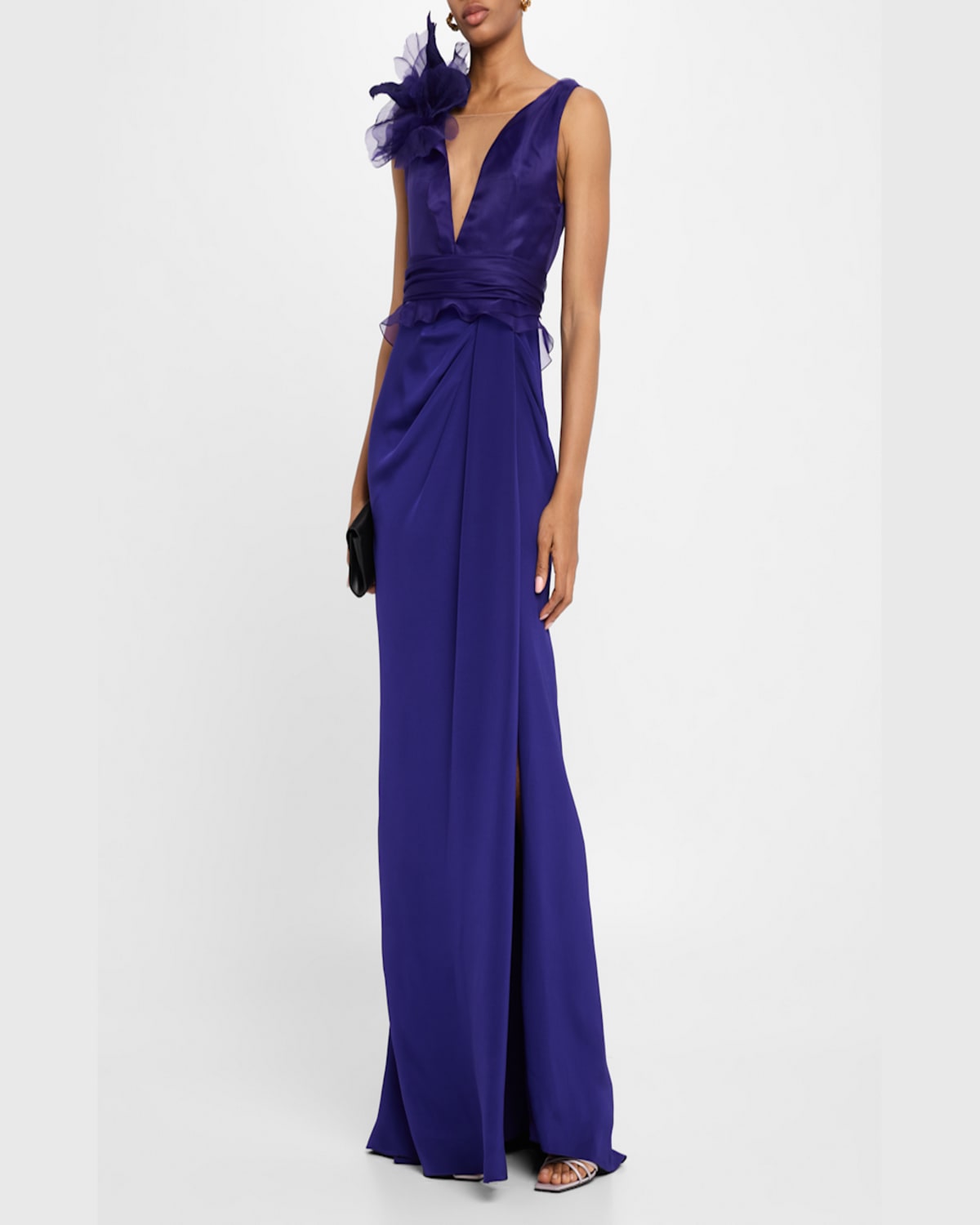 MARCHESA DRAPED FLOWER RUFFLE MATTE CREPE & ORGANZA GOWN 