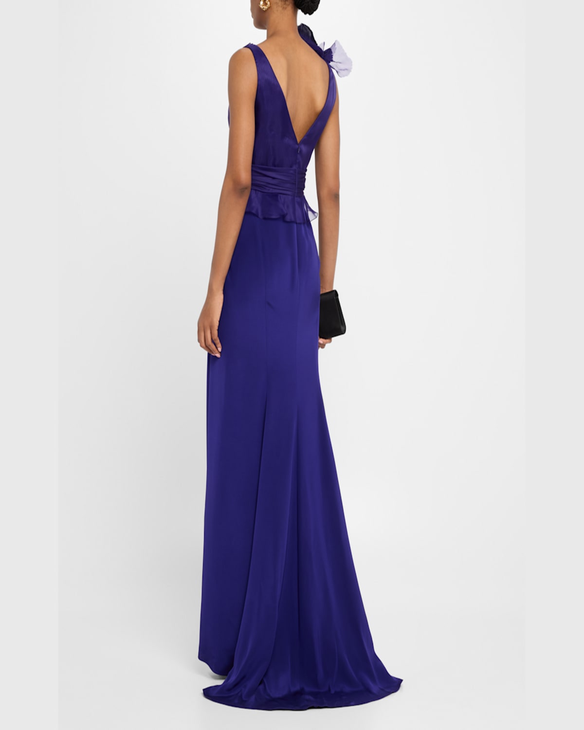 MARCHESA DRAPED FLOWER RUFFLE MATTE CREPE & ORGANZA GOWN 
