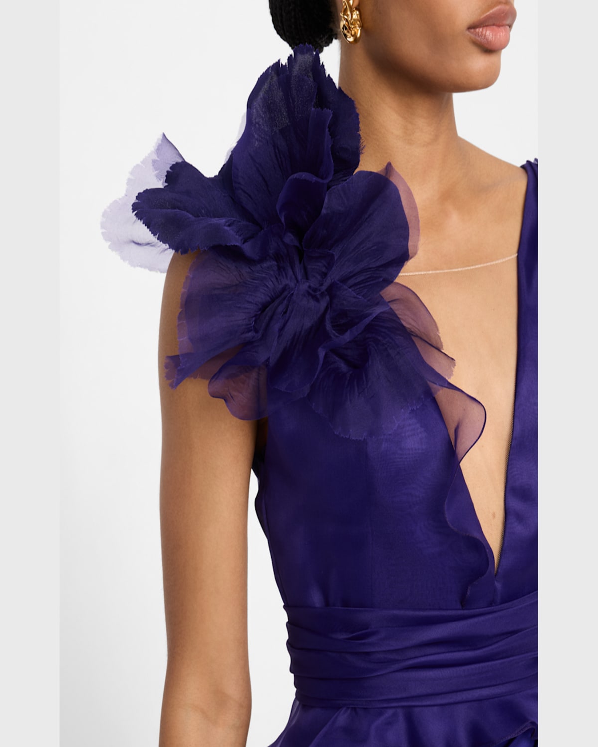 MARCHESA DRAPED FLOWER RUFFLE MATTE CREPE & ORGANZA GOWN 