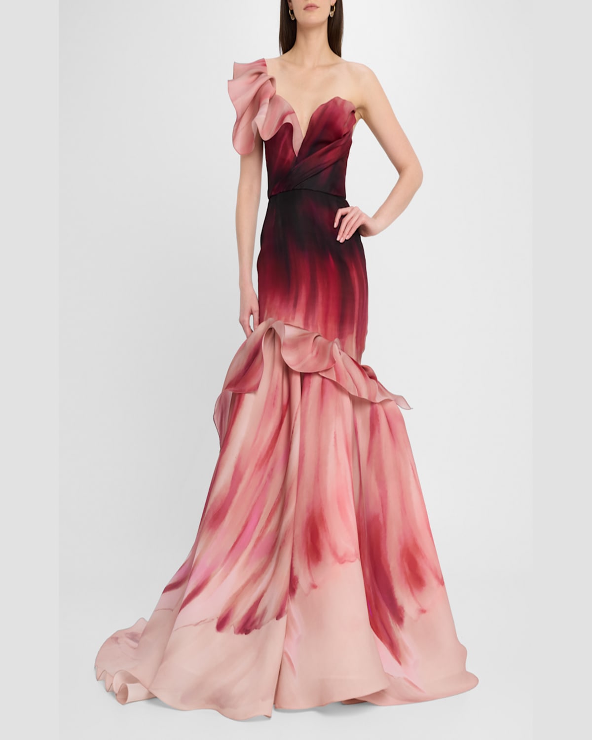 Shop Marchesa Hand-painted Floral One-shoulder Mermaid Gown In Iris Print