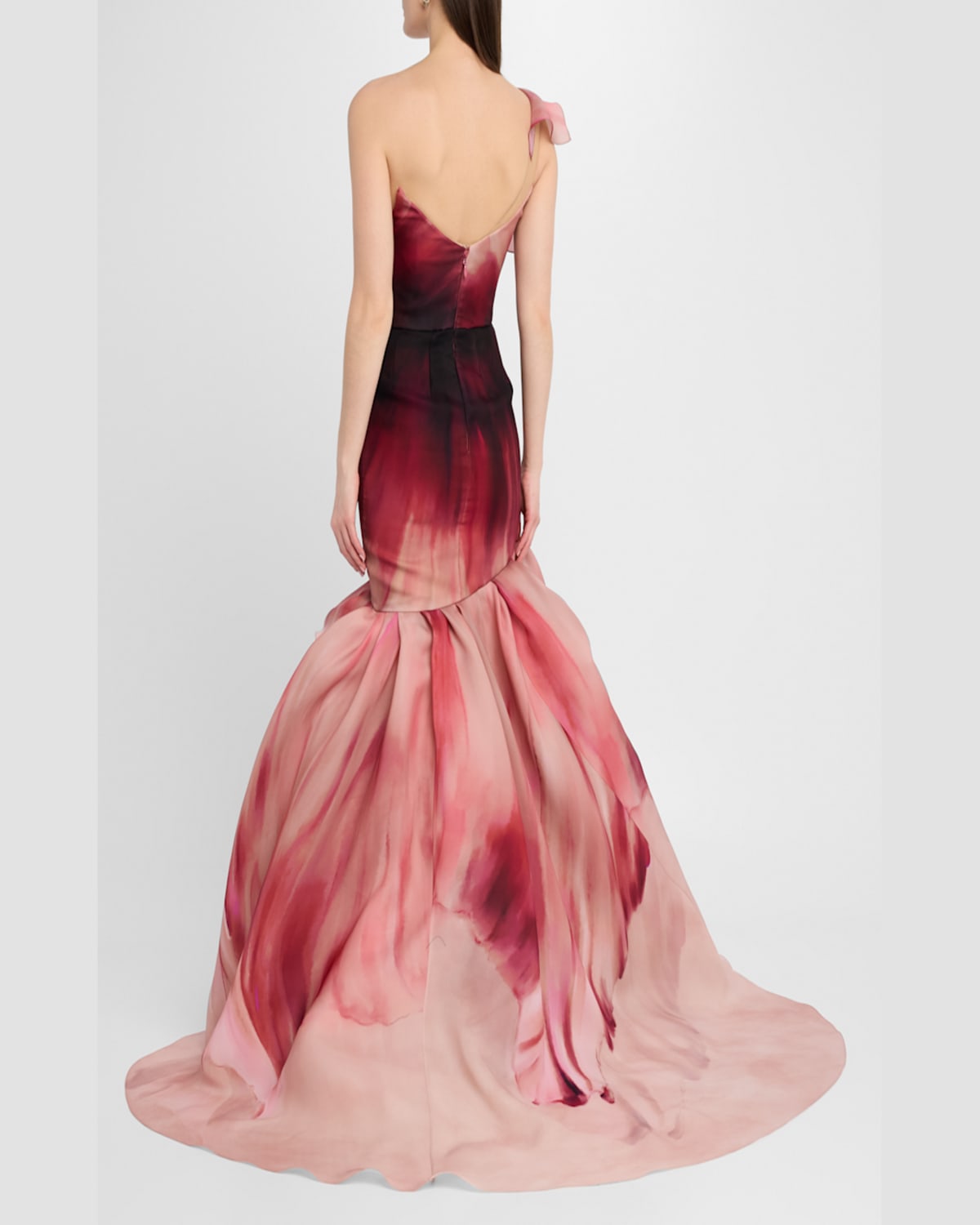 MARCHESA HAND-PAINTED FLORAL ONE-SHOULDER MERMAID GOWN 