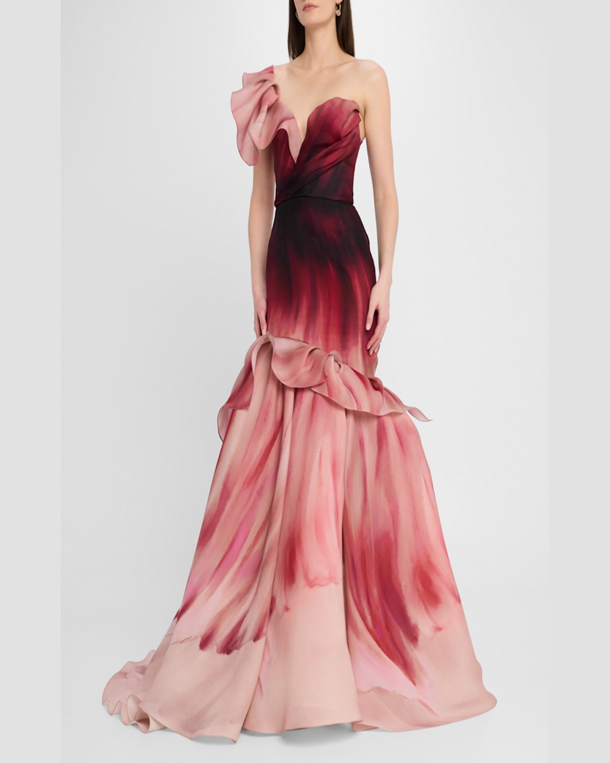 MARCHESA HAND-PAINTED FLORAL ONE-SHOULDER MERMAID GOWN 