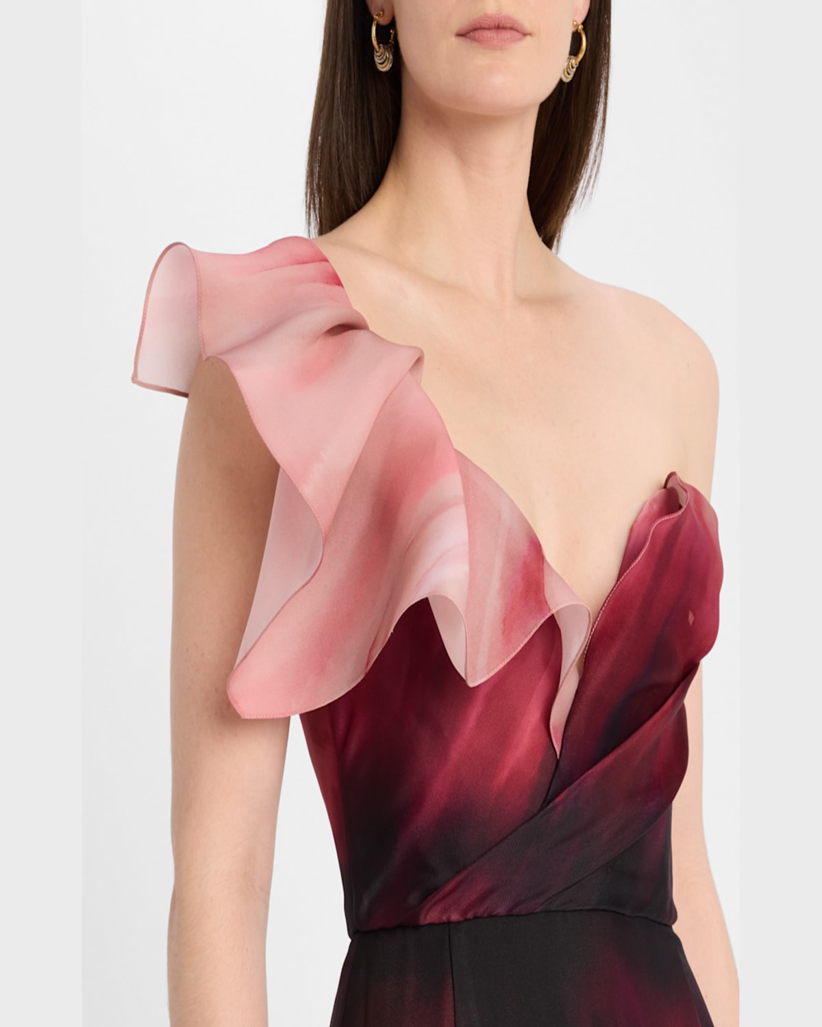 MARCHESA HAND-PAINTED FLORAL ONE-SHOULDER MERMAID GOWN 