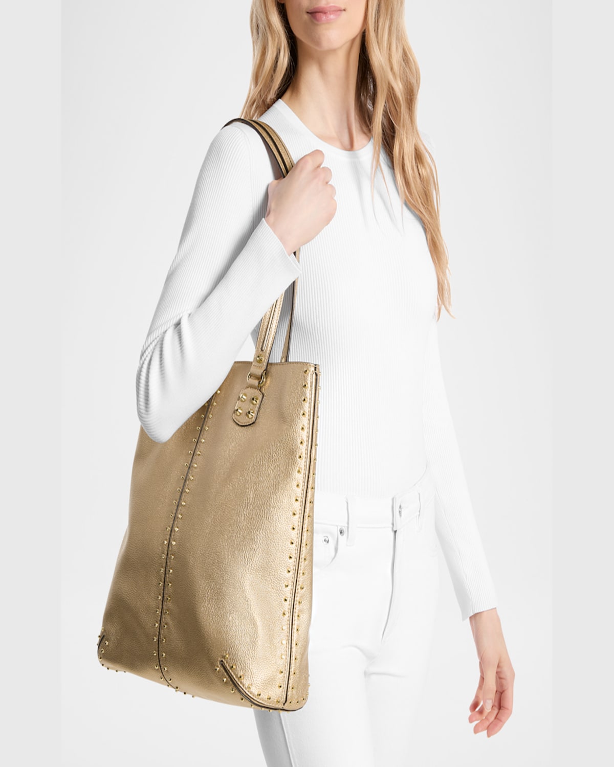 Michael Michael Kors Large Metallic Leather North-south Tote Bag In Pale Gold