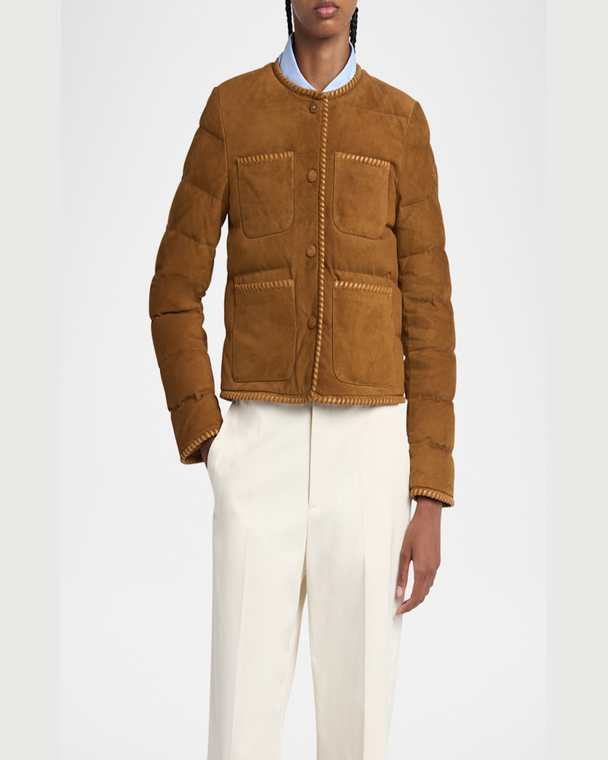 Shop Moncler Lassay Quilted Suede Jacket In Bronze