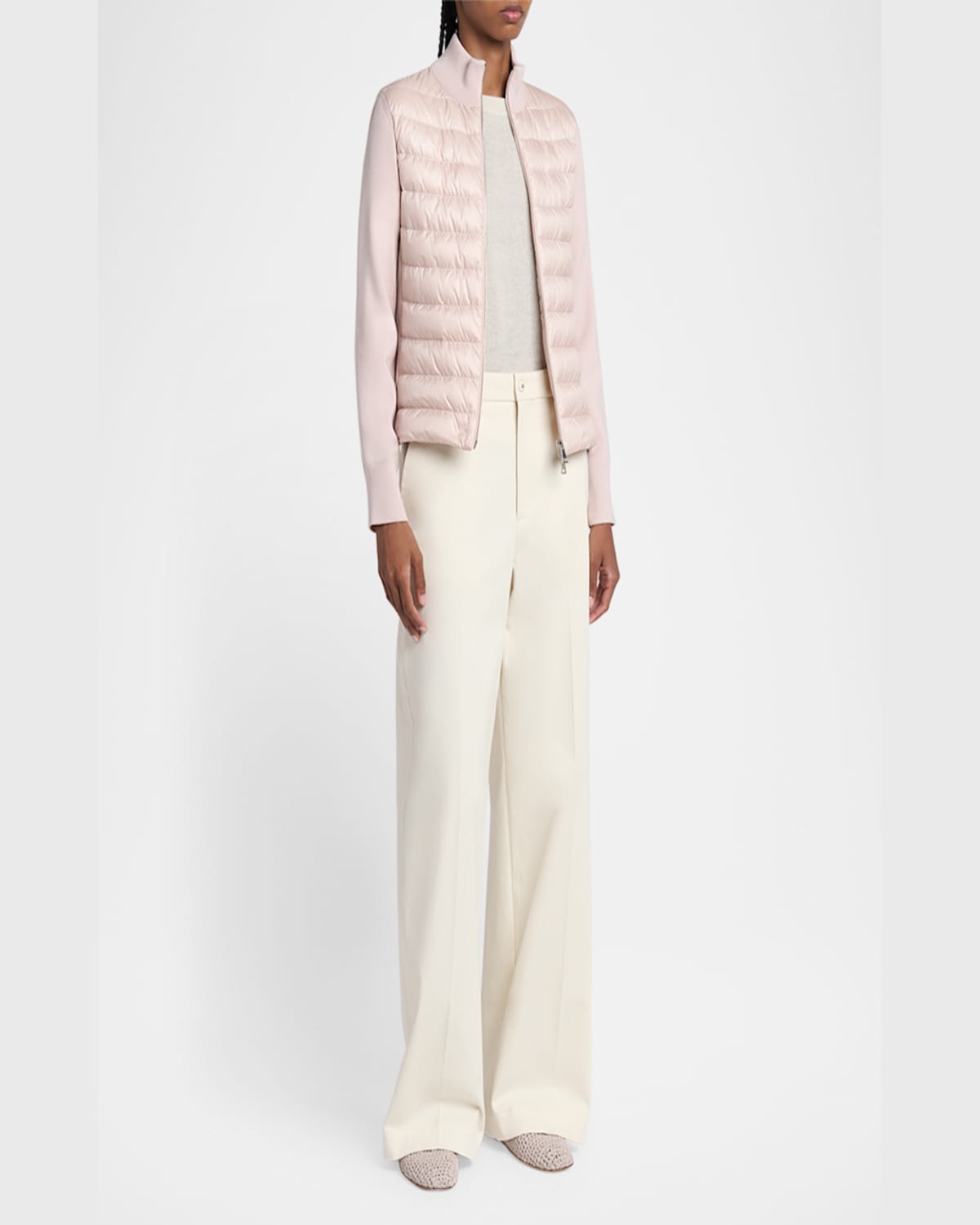 Moncler Down-paneled Virgin Wool Cardigan In Light Pink