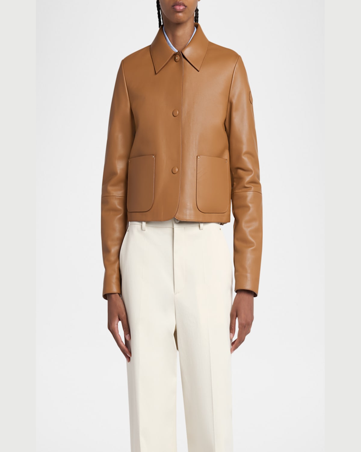 Moncler Nemours Leather Quilted Jacket In Cognac