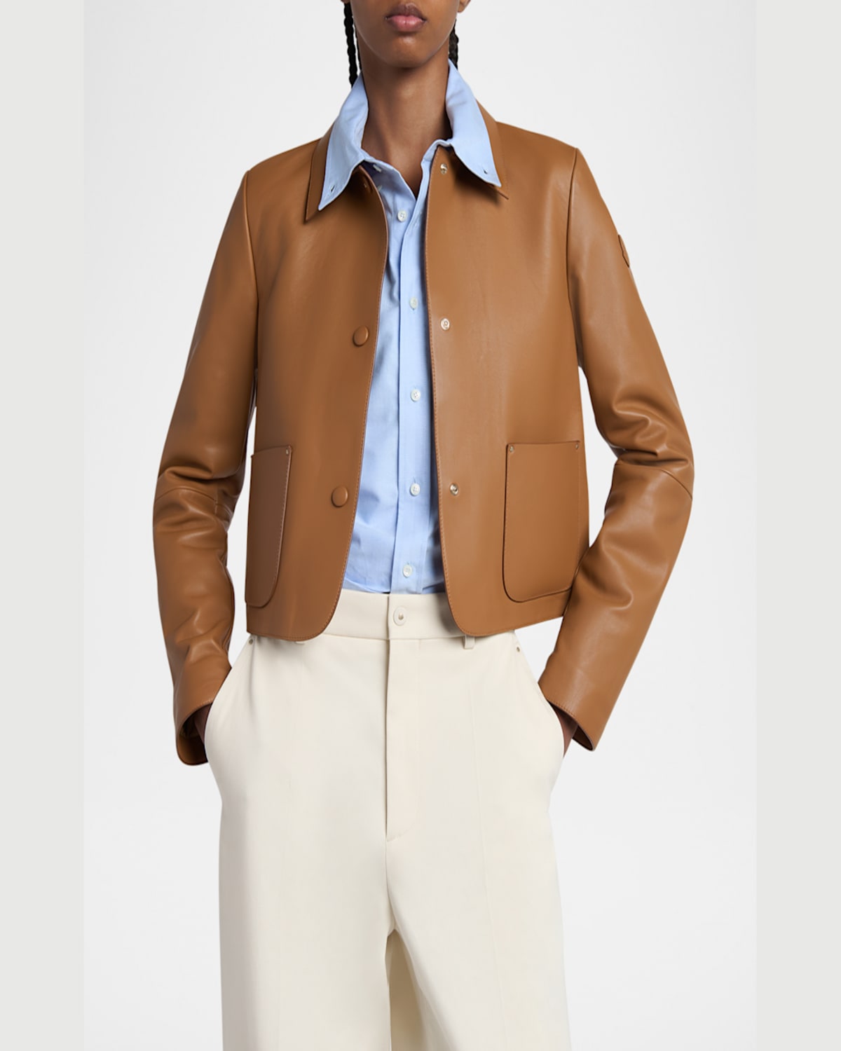 Moncler Nemours Leather Quilted Jacket In Cognac