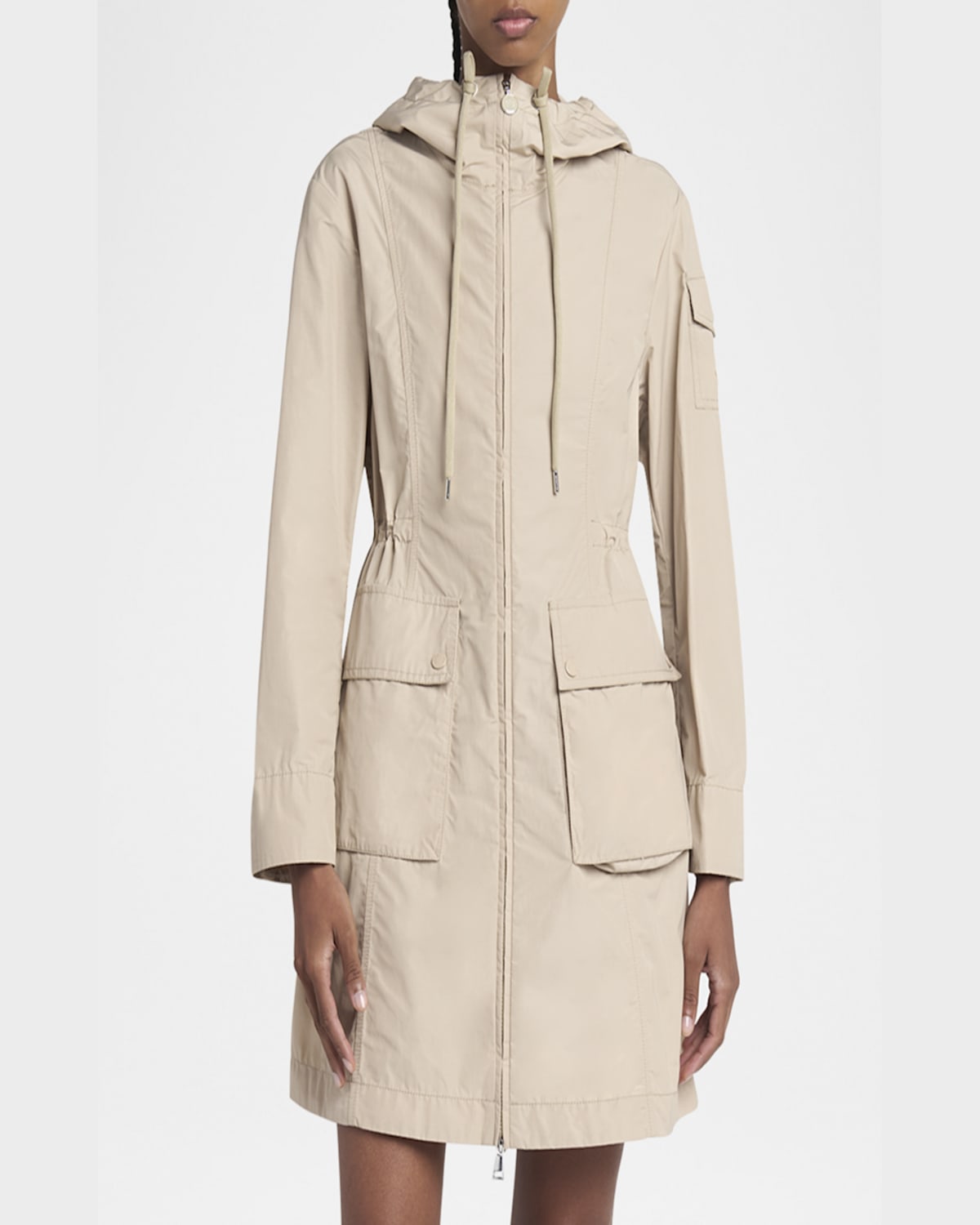 Moncler Laerte Long Hooded Parka In Beige